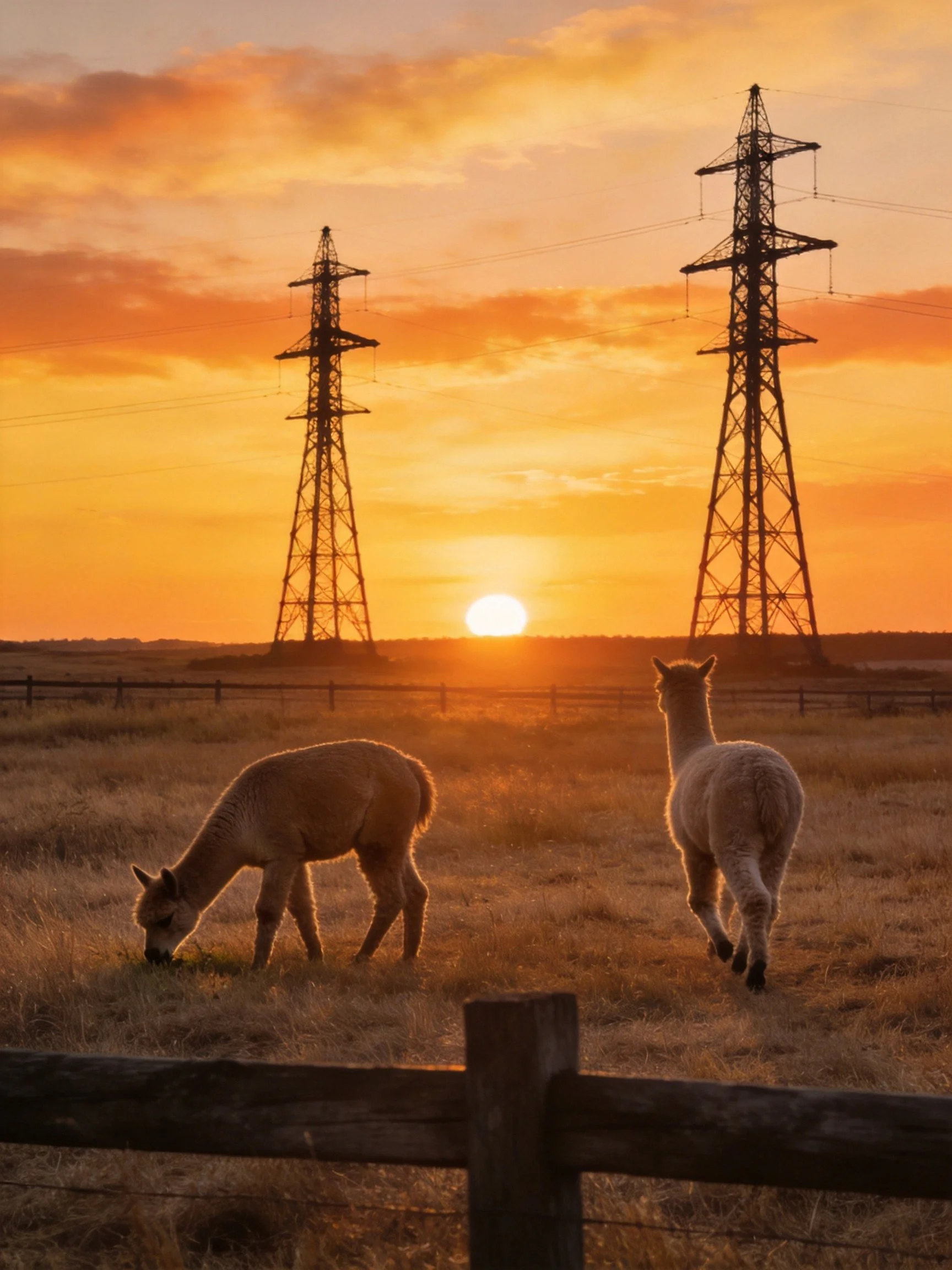 Two alpacas are in a field with power towers during sunset.