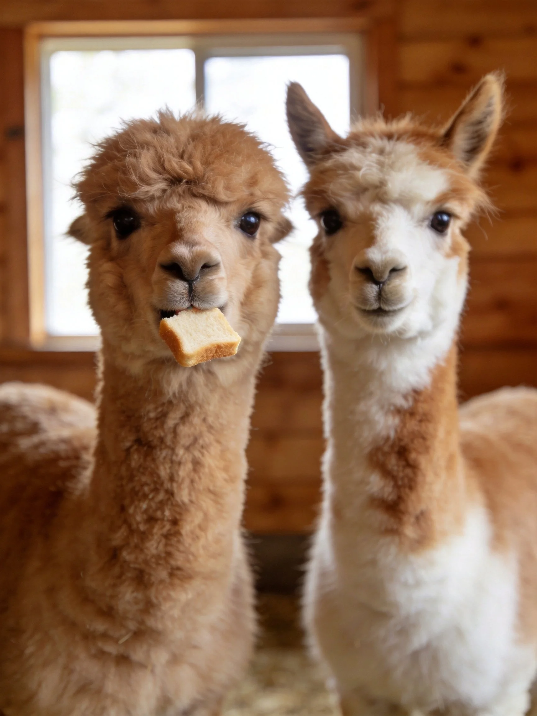 Two alpacas in a wooden barn, one with bread