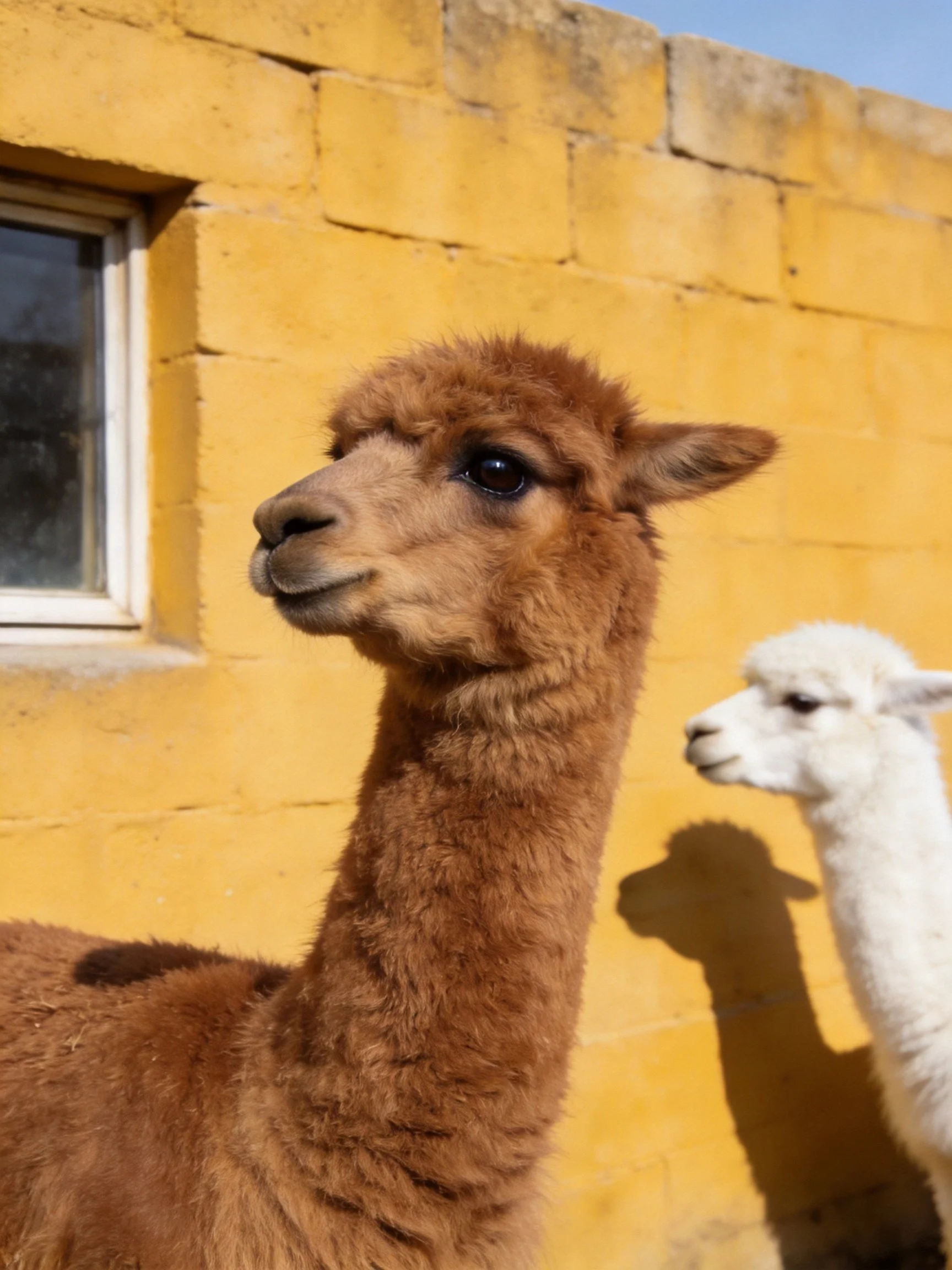 A brown alpaca stands beside a white alpaca near a yellow brick wall.