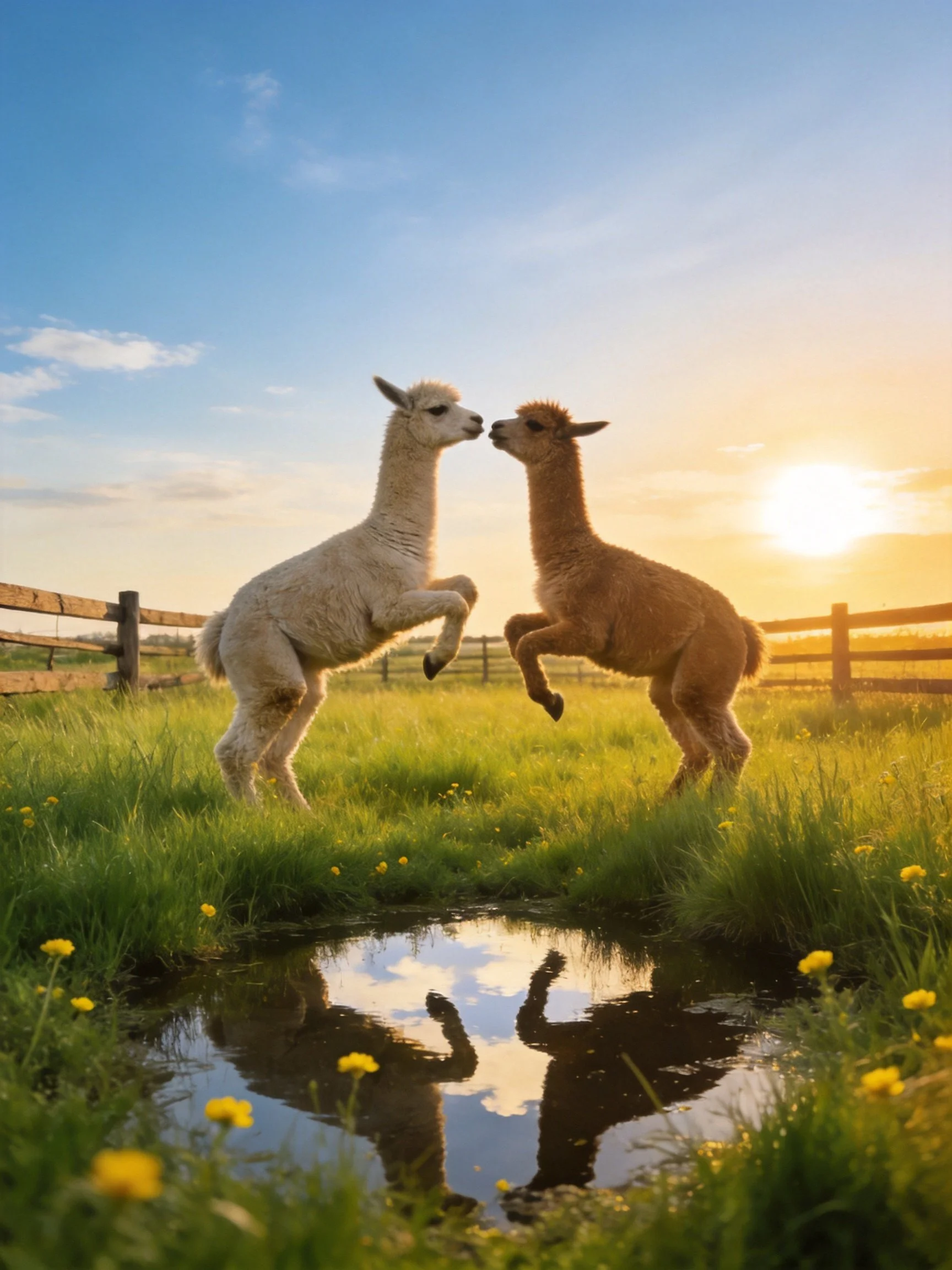 Two alpacas nuzzle near a reflective pond in a sunlit meadow