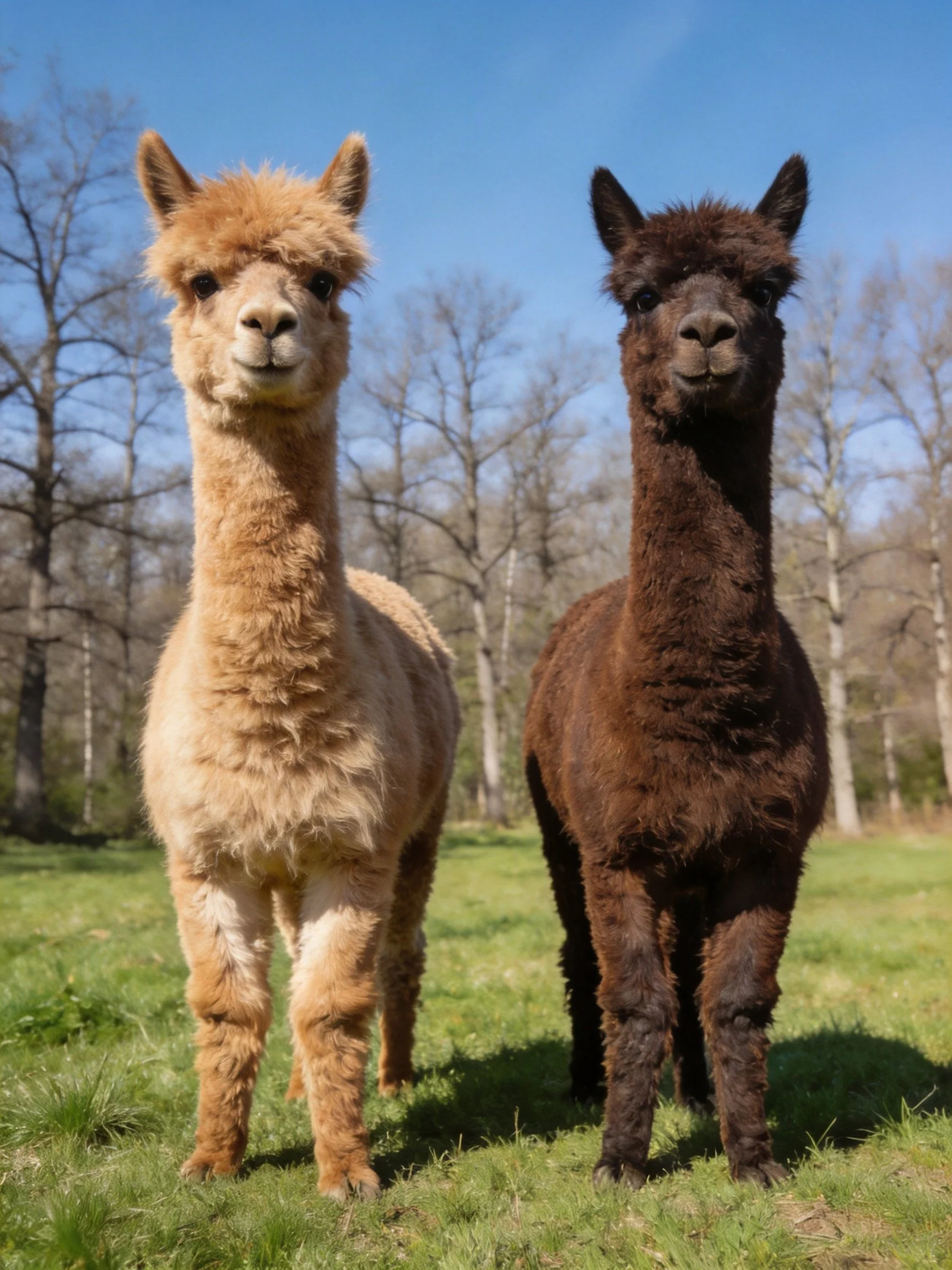 Two alpacas of light tan and dark brown stand side by side in a sunny meadow
