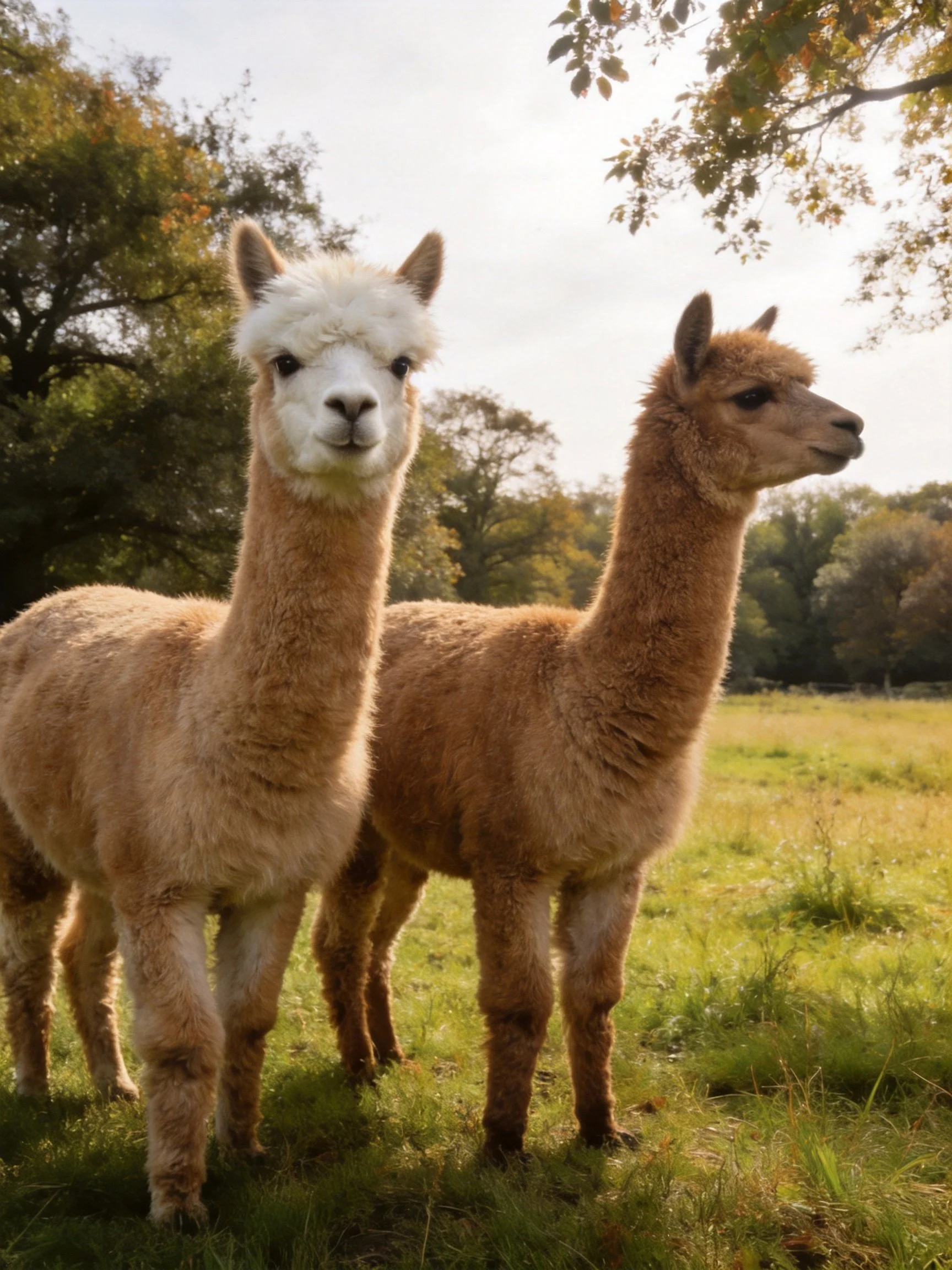 Two alpacas of varying shades in a sunlit green pasture