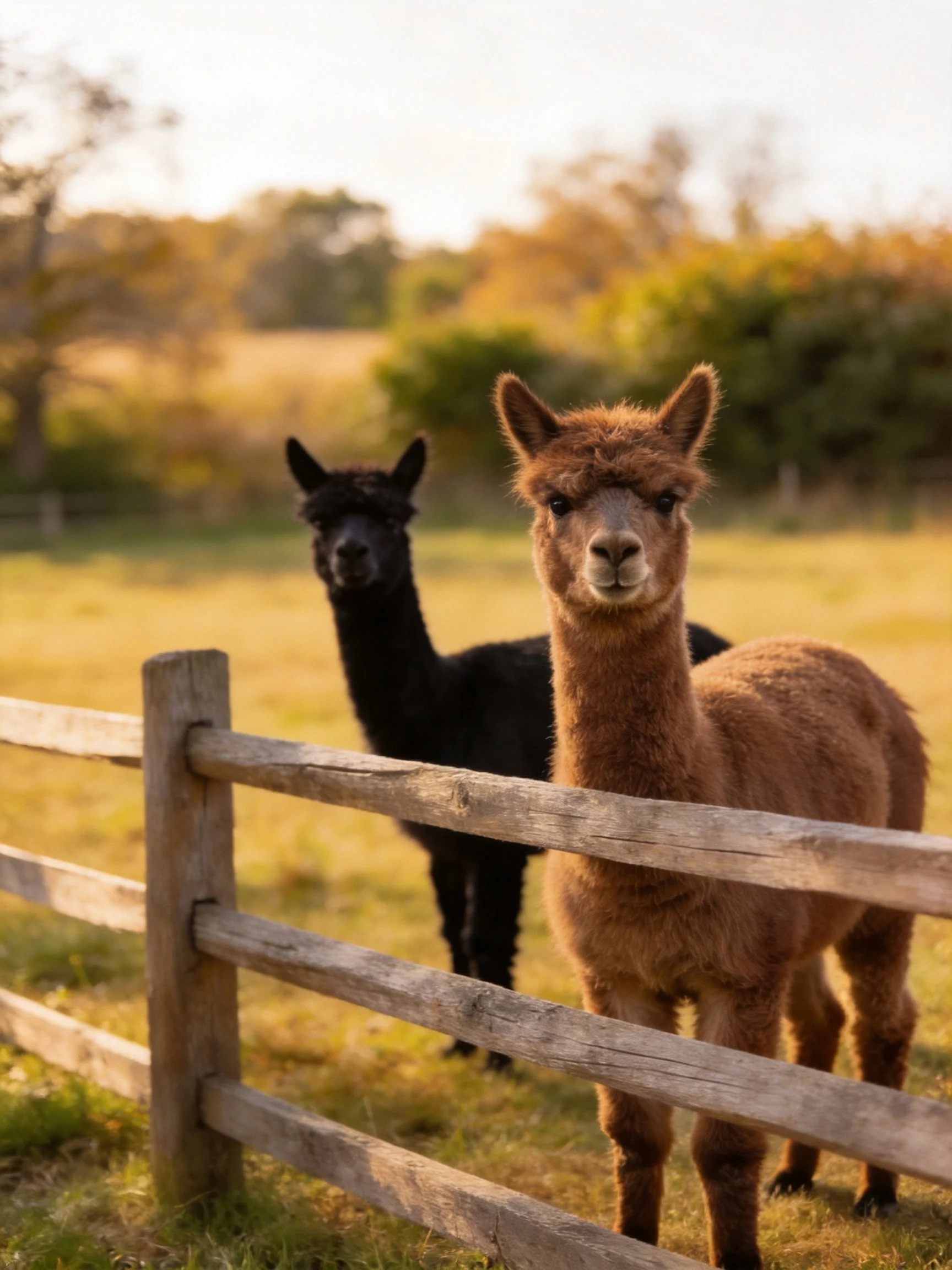 Two alpacas, one black and one brown, stand by a weathered wooden fence in a sunlit field.