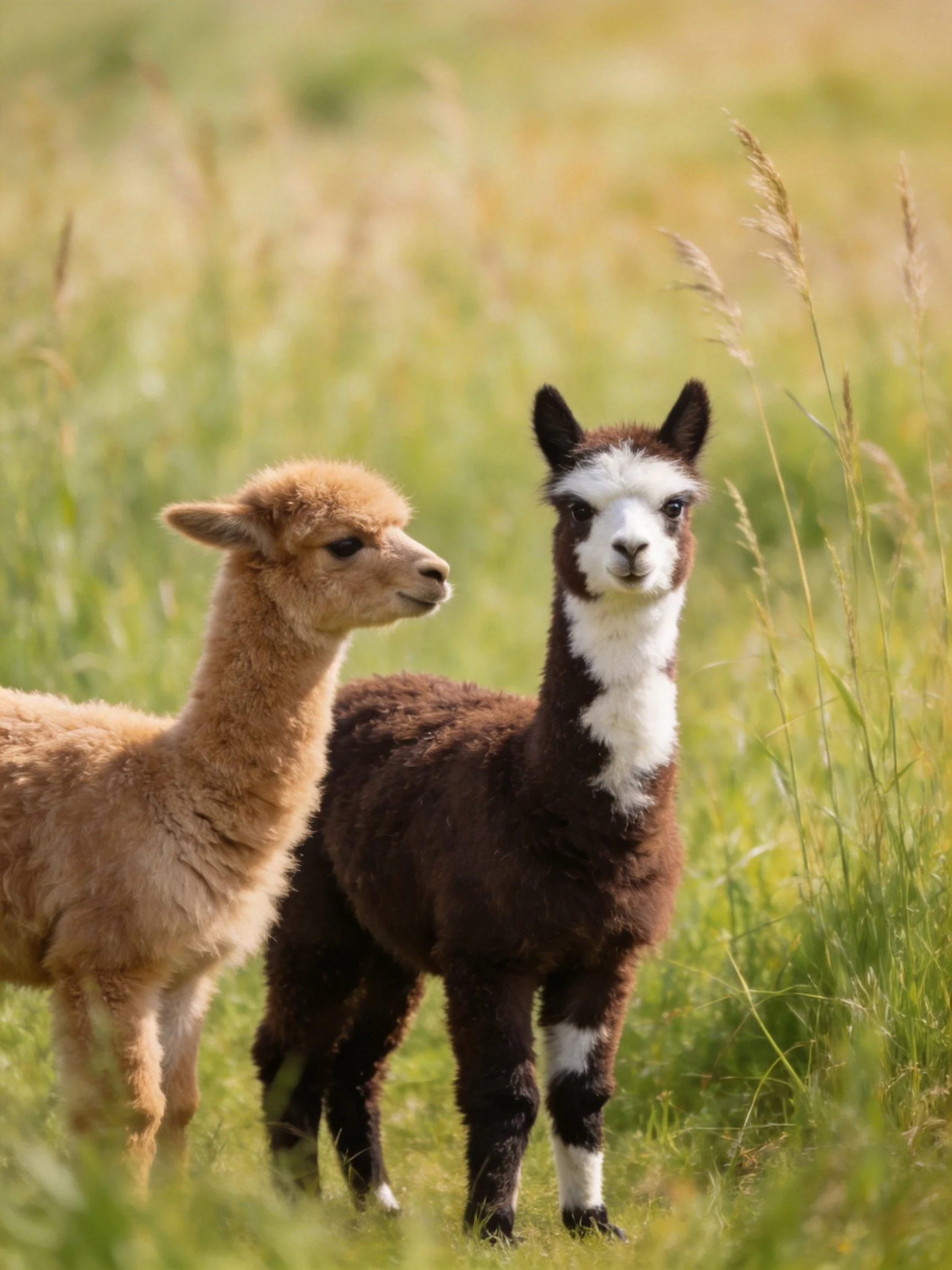Two alpacas, one brown and one tan, in a sunlit meadow