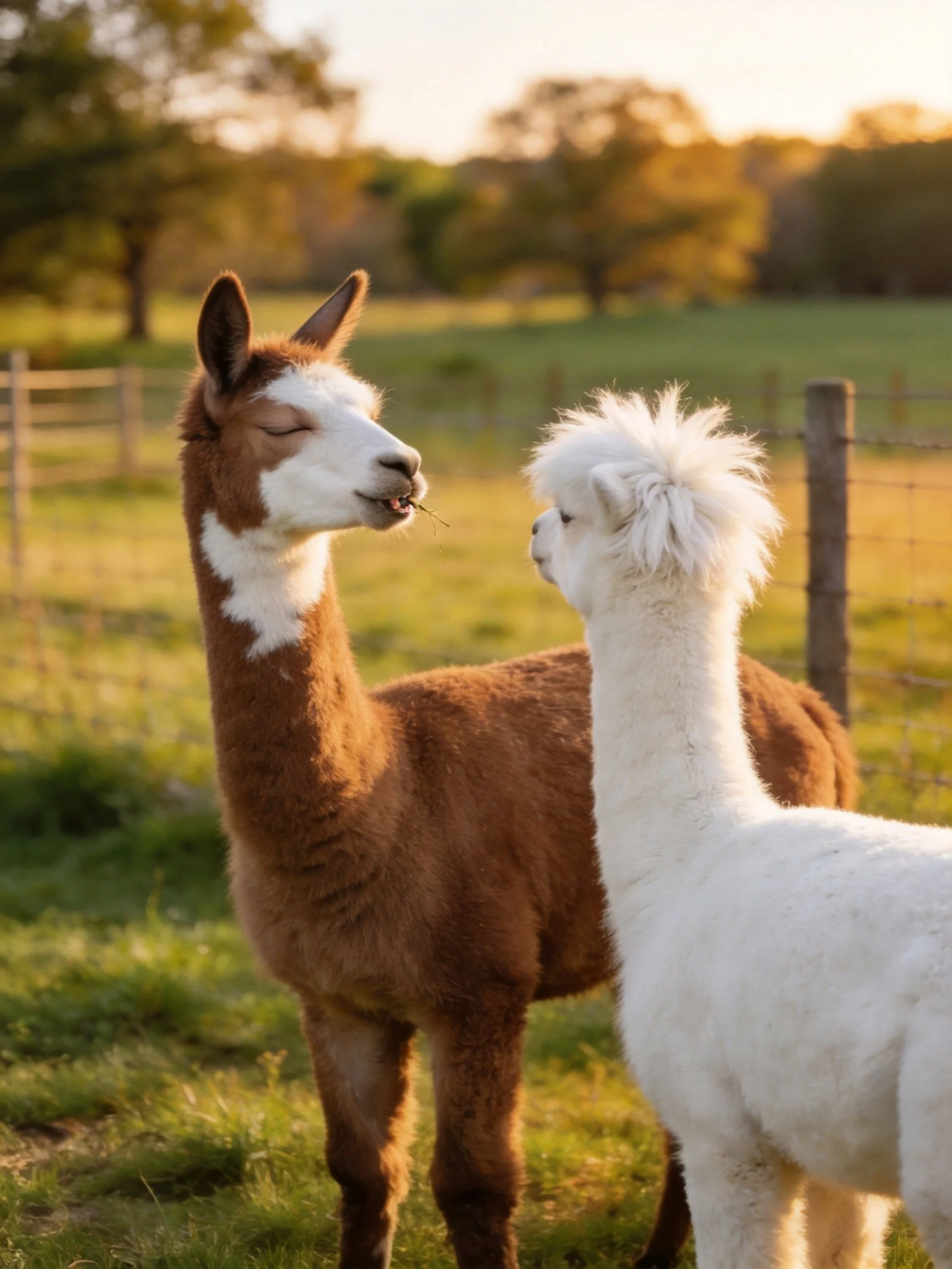 Two alpacas, one brown and one white, interact in a sunlit farm pasture