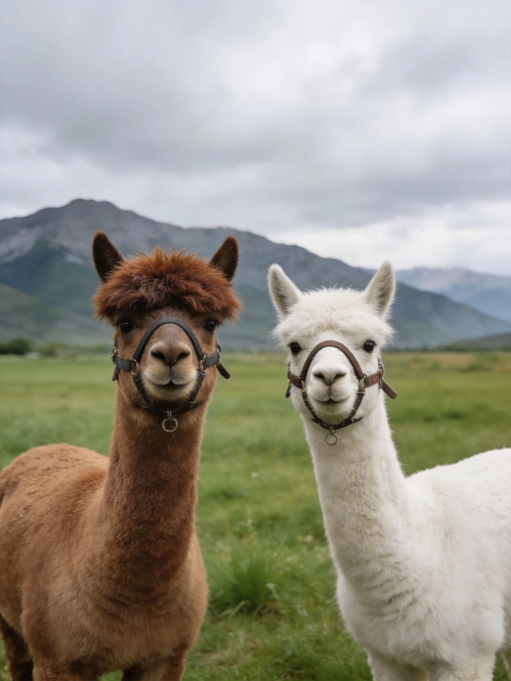 Two alpacas, one brown and one white, stand in a green meadow near mountains