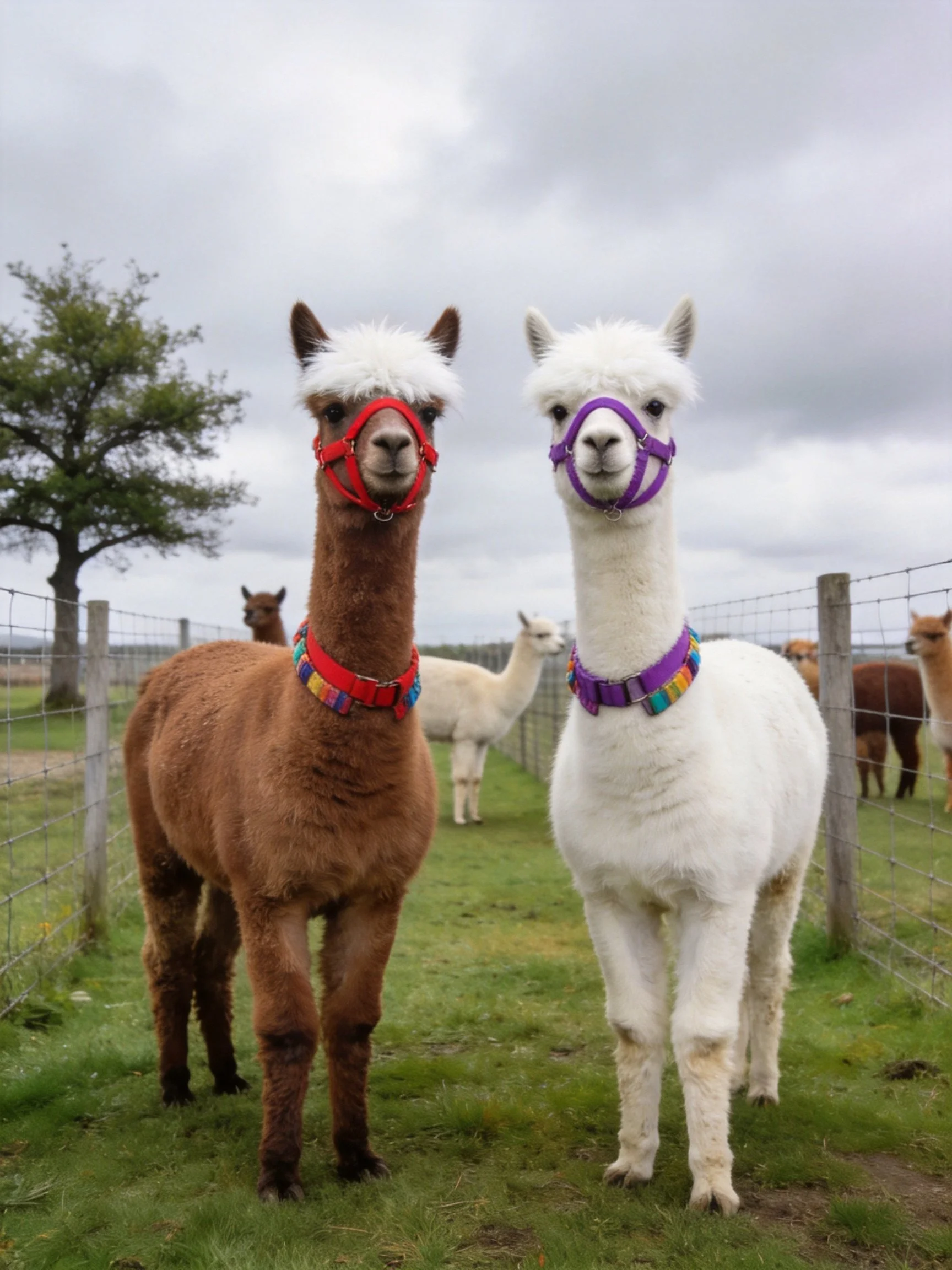 Two alpacas, one brown and one white, stand near a fenced pasture with others.