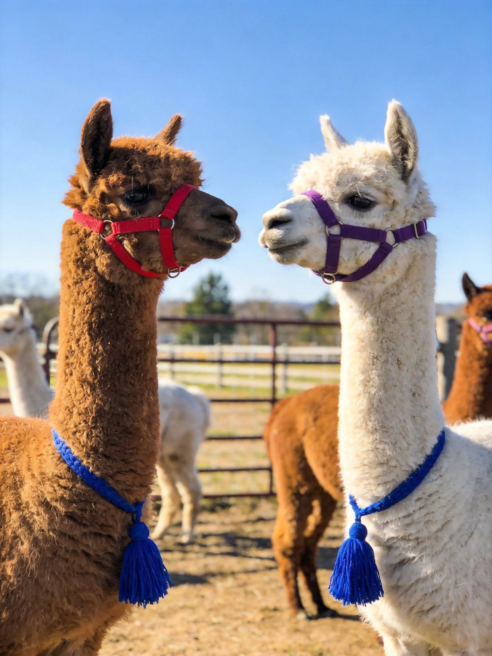 Two alpacas, one brown and one white, wear colorful harnesses in an outdoor enclosure