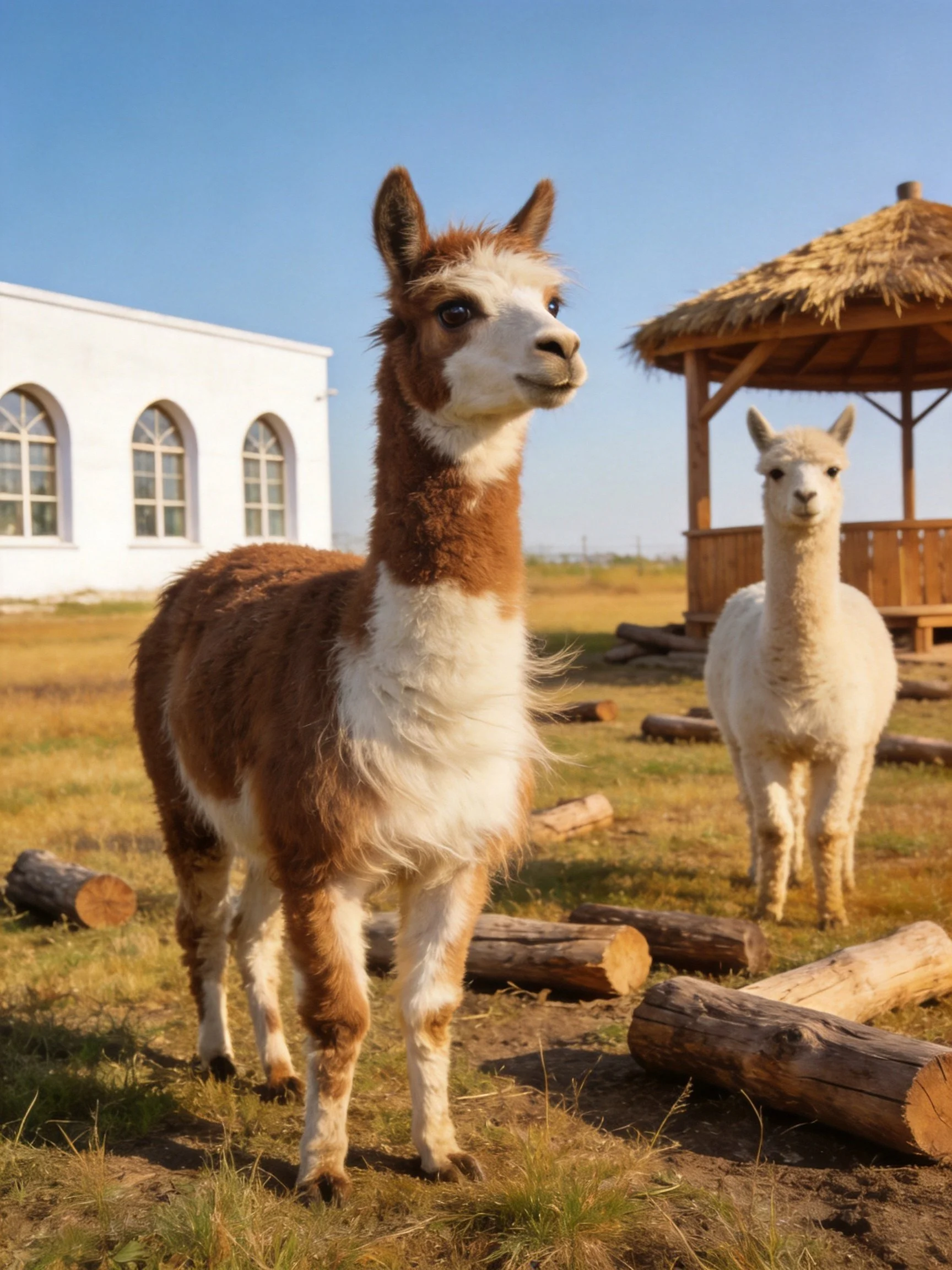 Two alpacas, one brown-and-white, one white, near wooden logs and gazebo