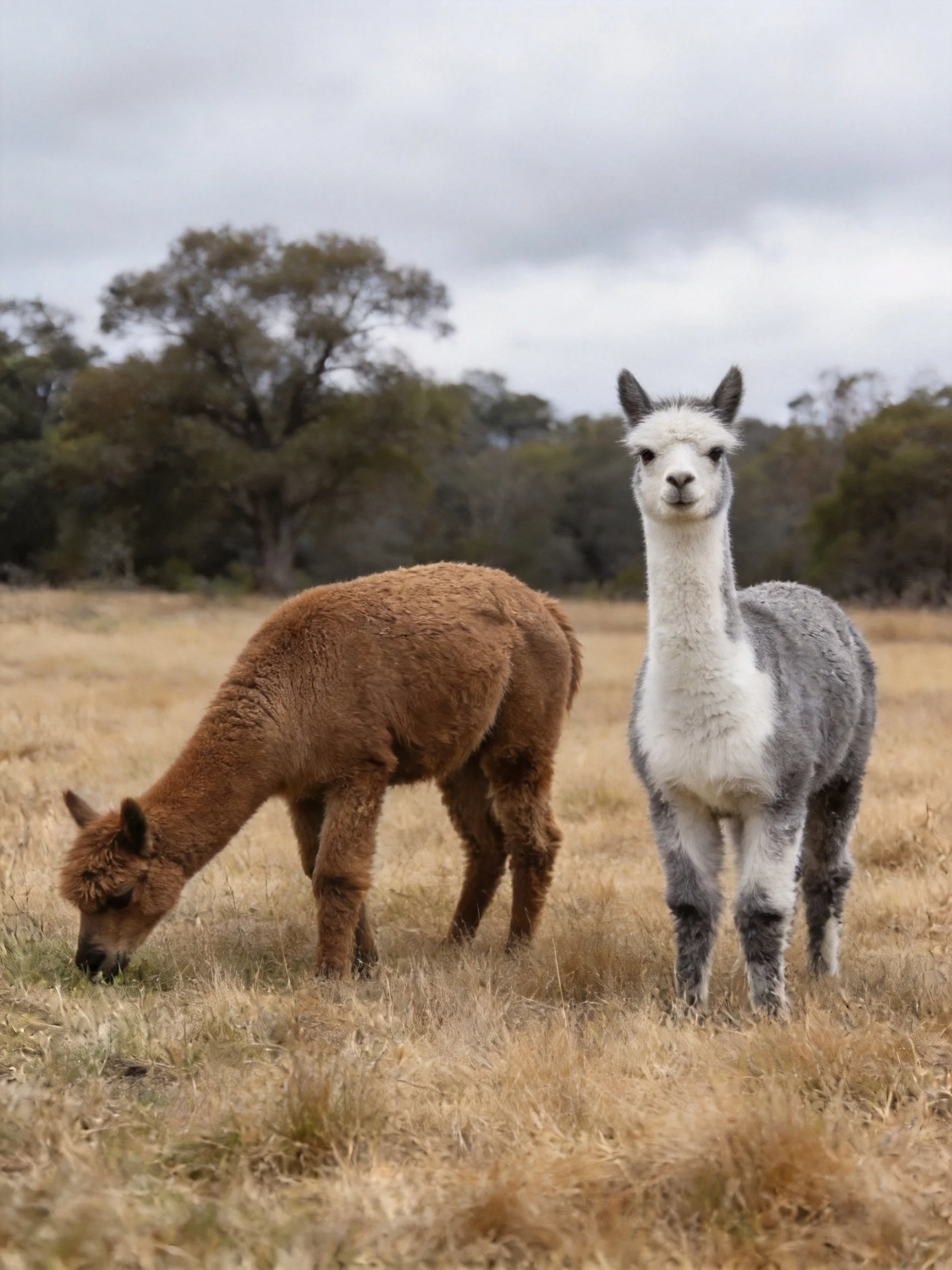 Two alpacas, one brown, one gray-white, graze in a golden field