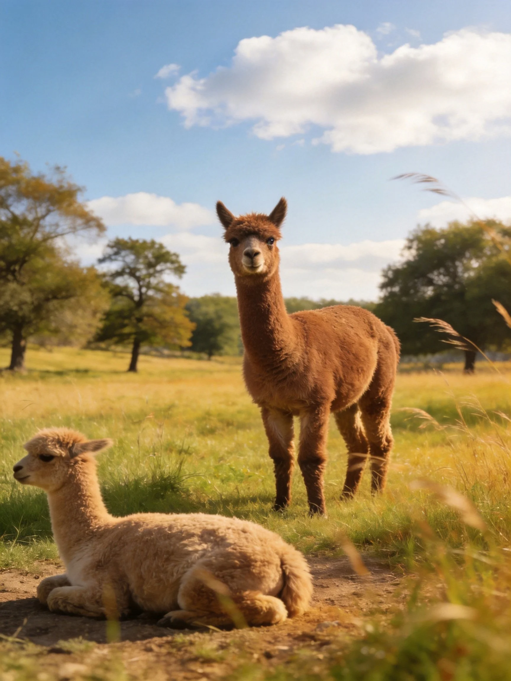 Two alpacas, one brown, one tan, in a sunlit meadow