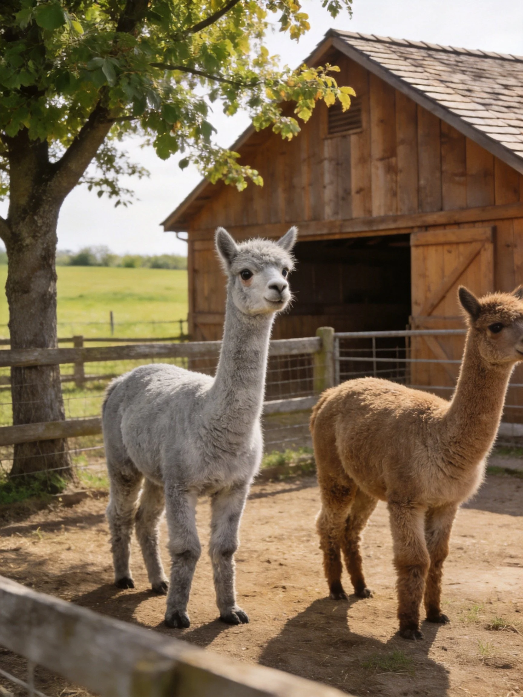 Two alpacas, one gray and one brown, stand near a wooden barn under a leafy tree