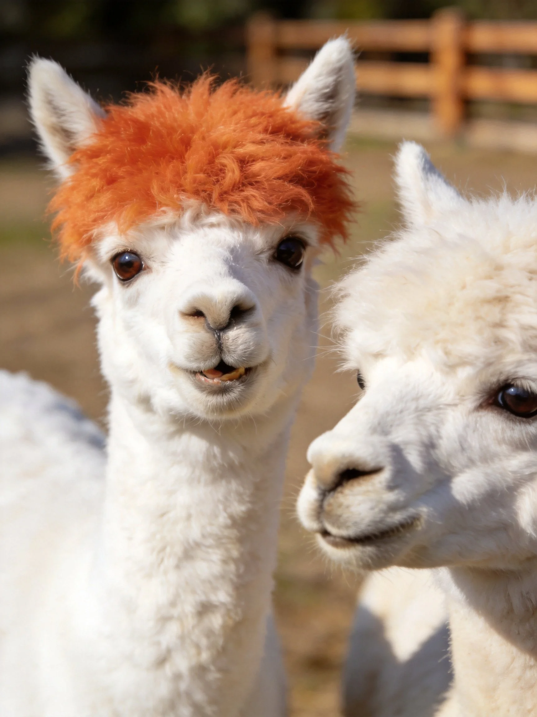 Two alpacas, one with bright orange head fur, near a wooden fence