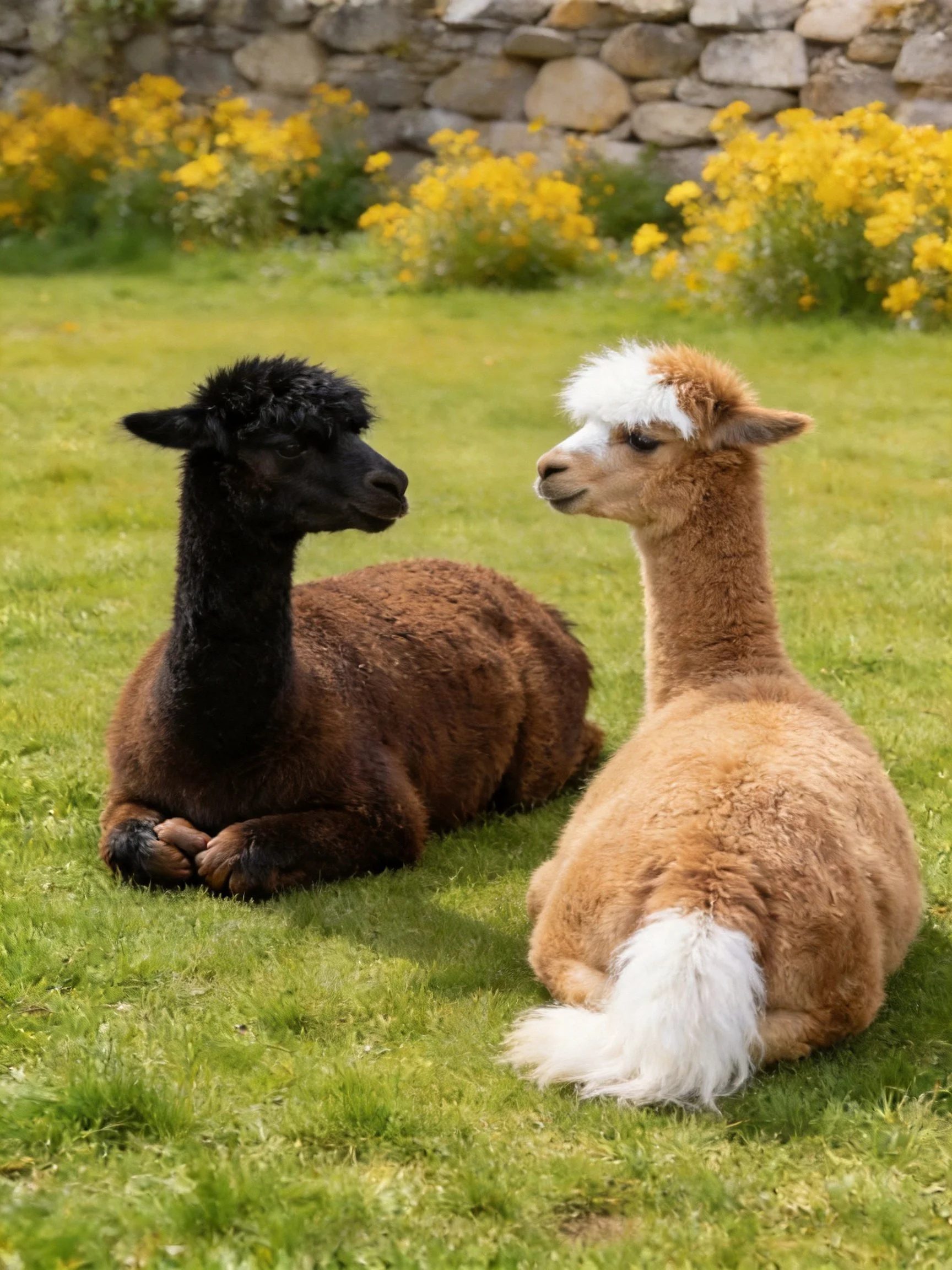 Two alpacas rest on grass with yellow flowers nearby