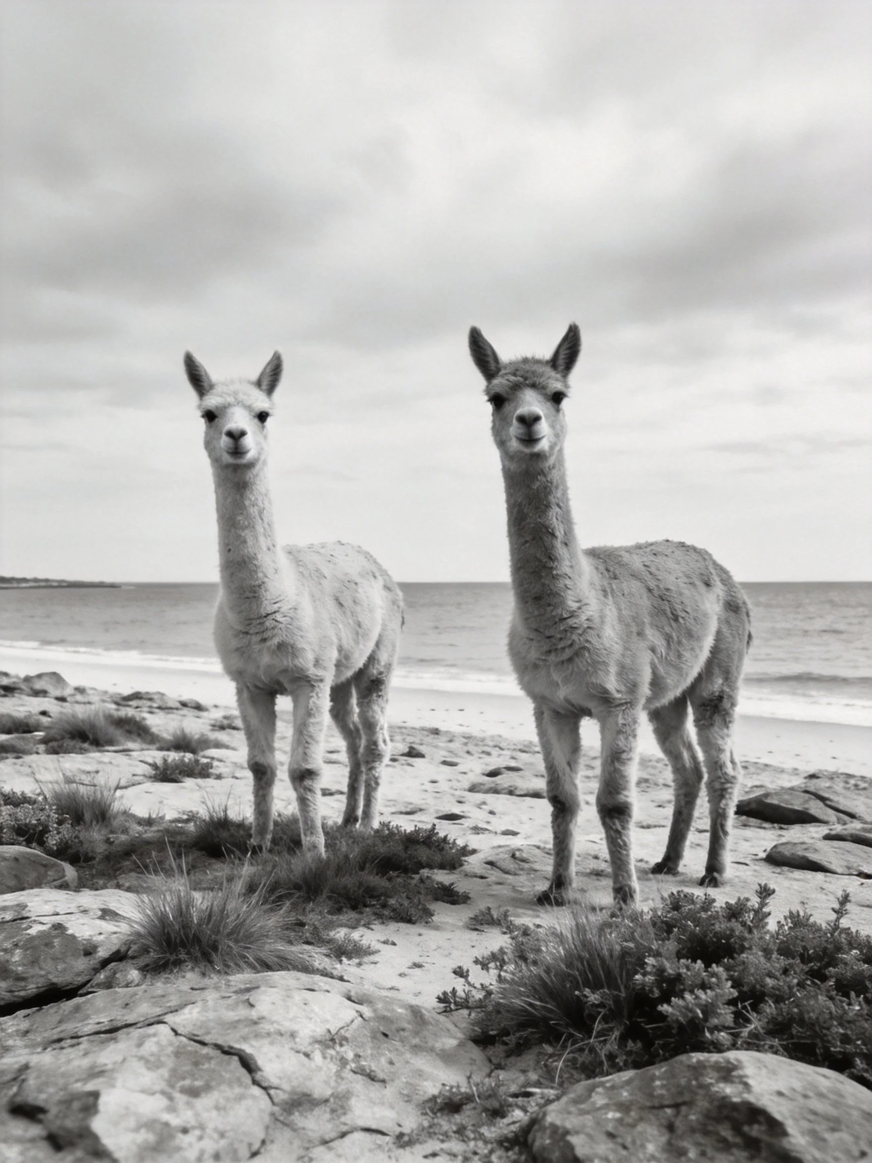Two alpacas stand on rocky shore near calm ocean waters