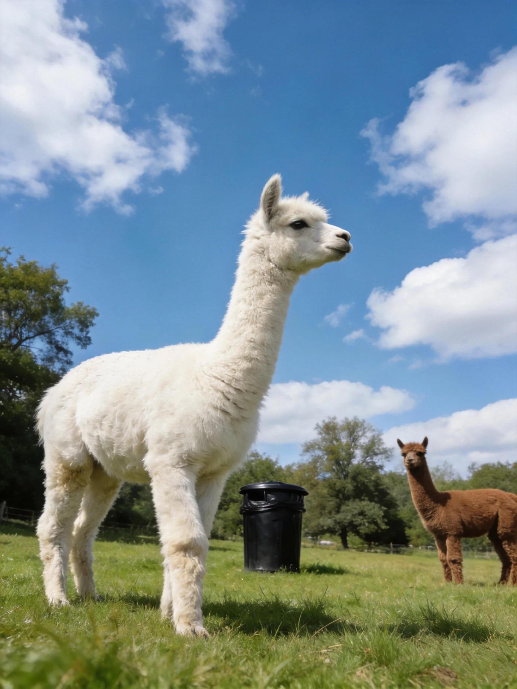 Two alpacas, white and one brown—stand in a sunny meadow