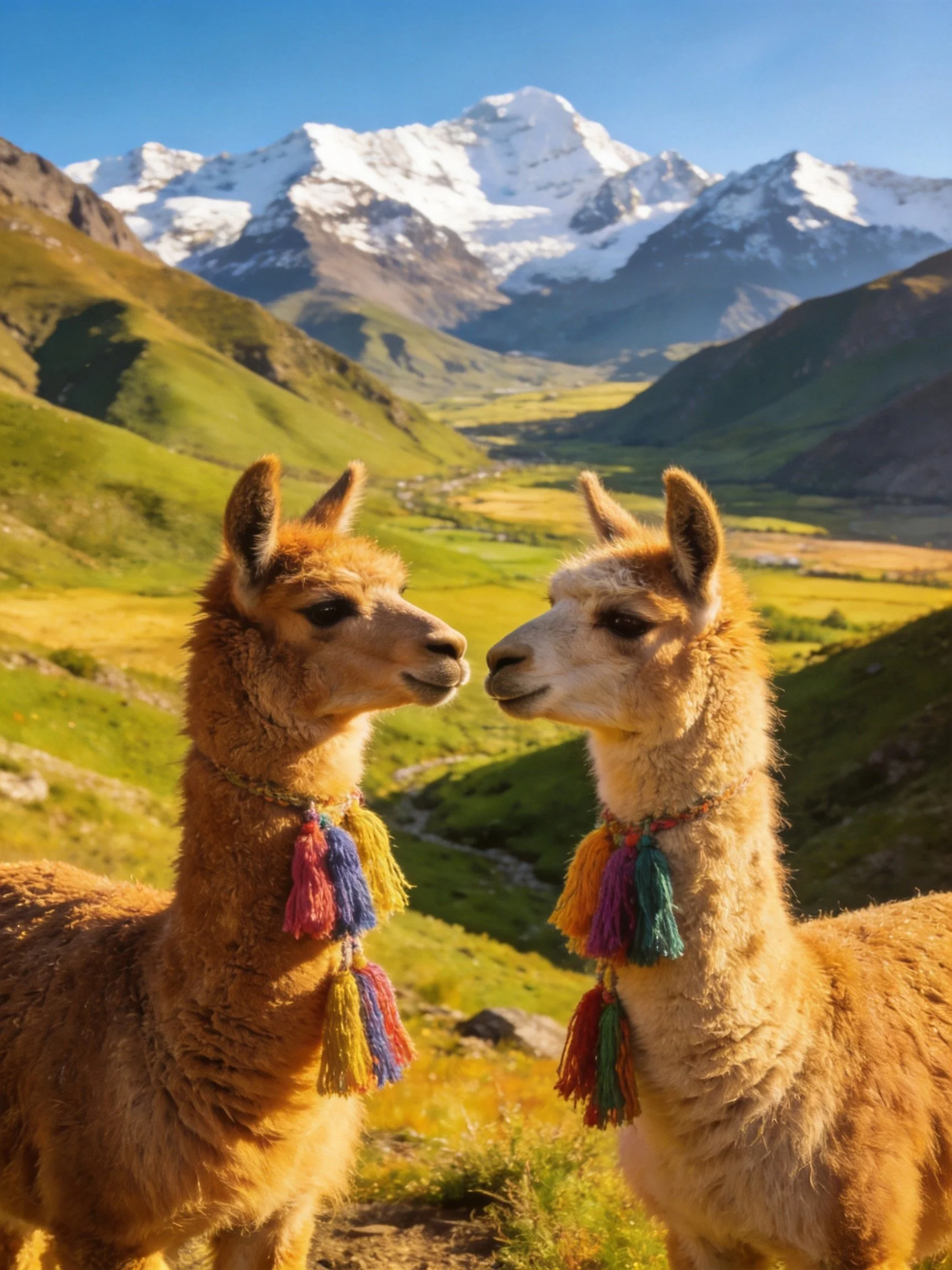 Two alpacas with colorful tassels near green hills and snow-capped mountains