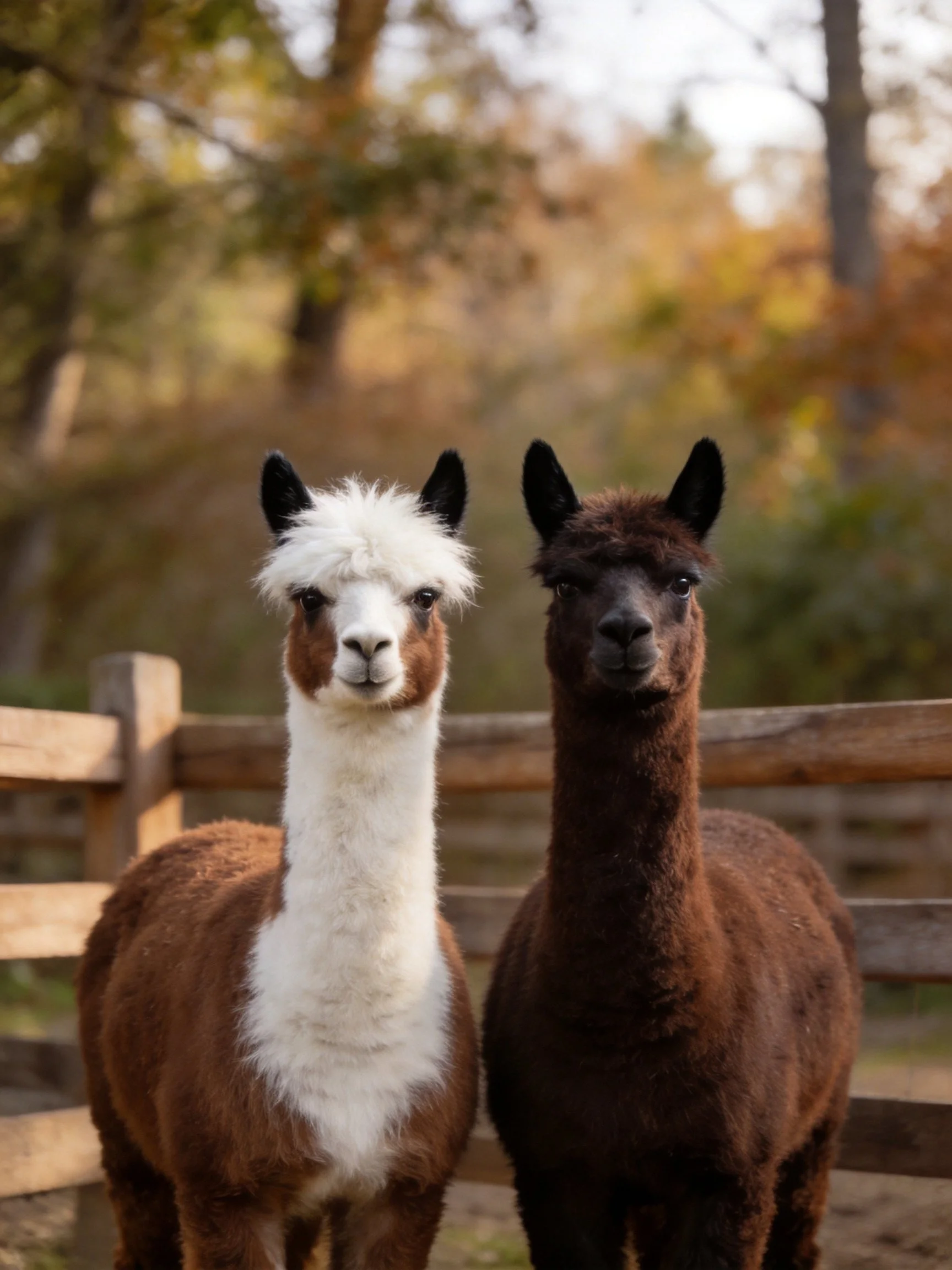 Two alpacas with contrasting coats stand by a wooden fence amid autumn foliage