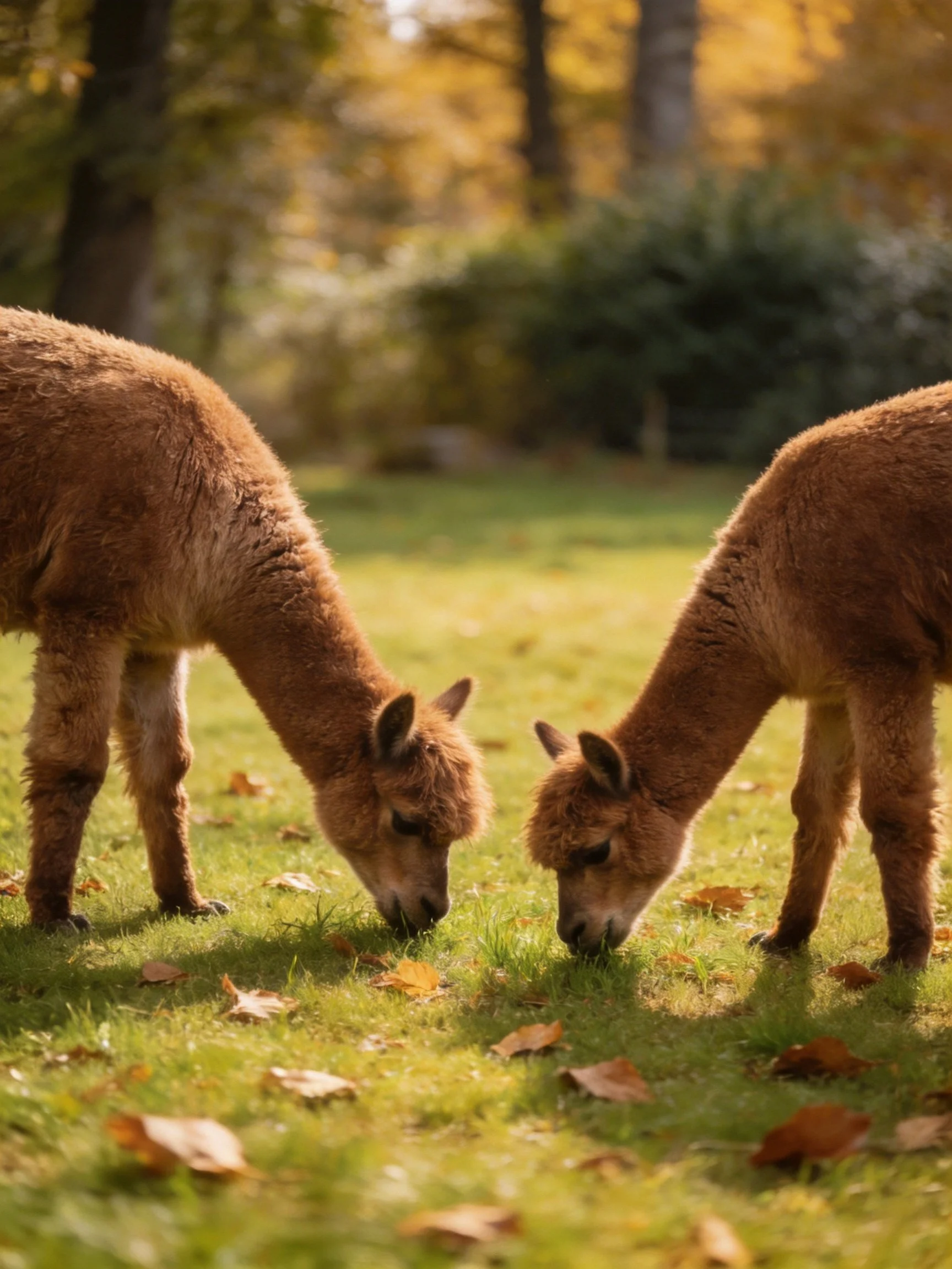Two brown alpacas graze on grass with scattered autumn leaves in a sunlit area.