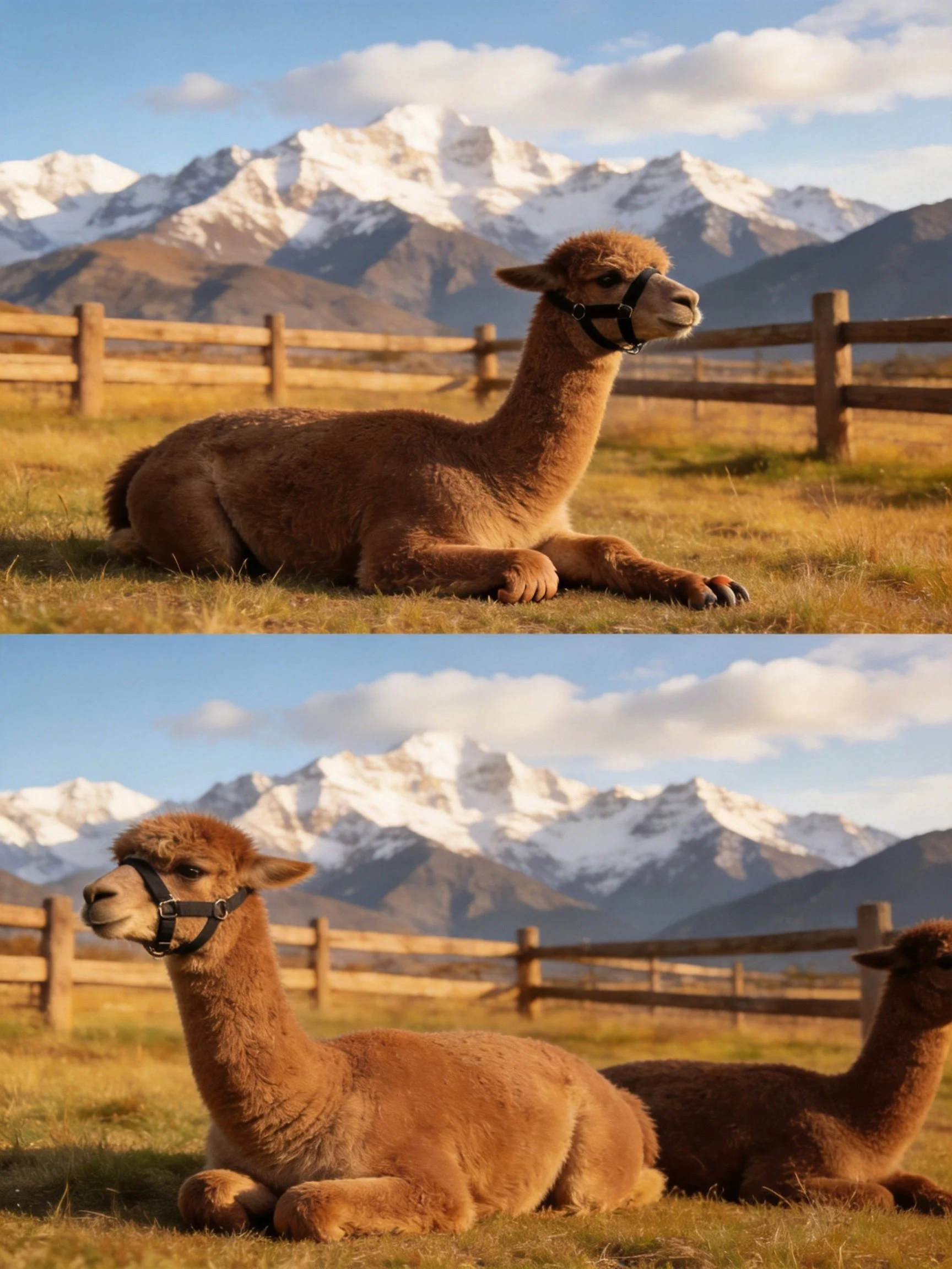 Two brown alpacas rest beside a wooden fence with snow-capped mountains
