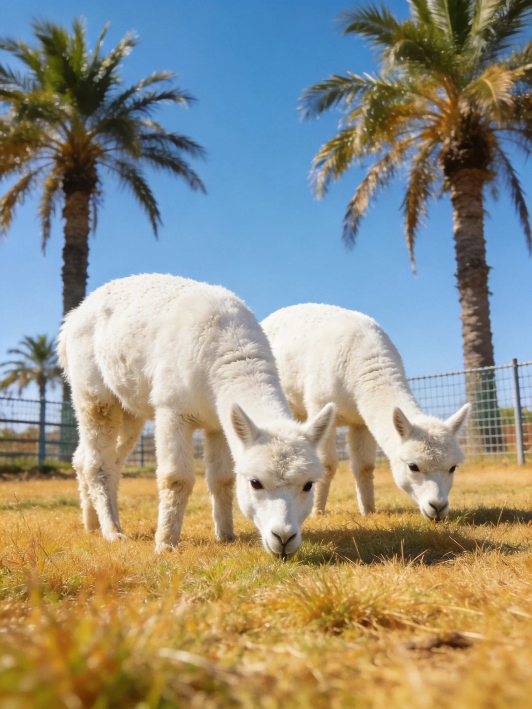 Two fluffy white alpacas graze near tall palm trees under bright blue sky