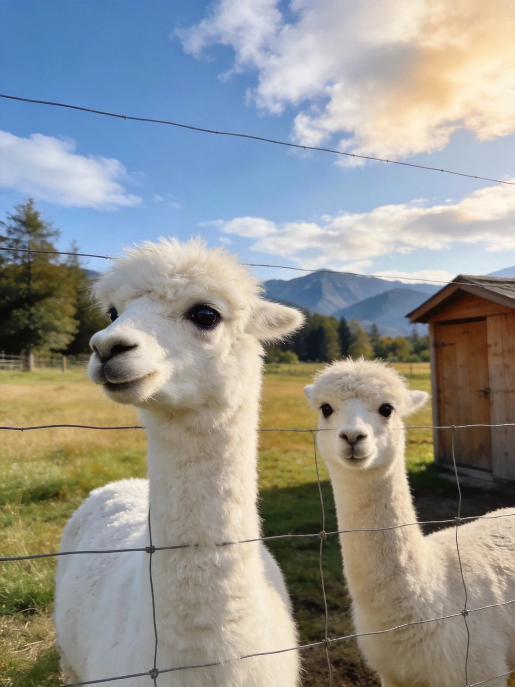 Two fluffy white alpacas near a wire fence in a sunny meadow