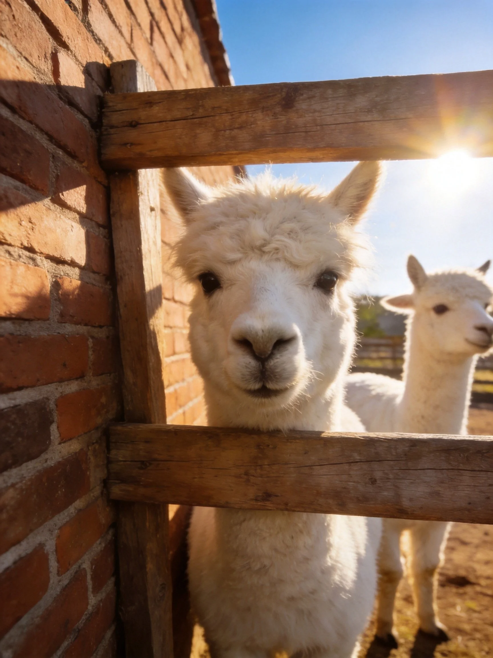 Two white alpacas peek from behind a wooden fence beside a brick structure.