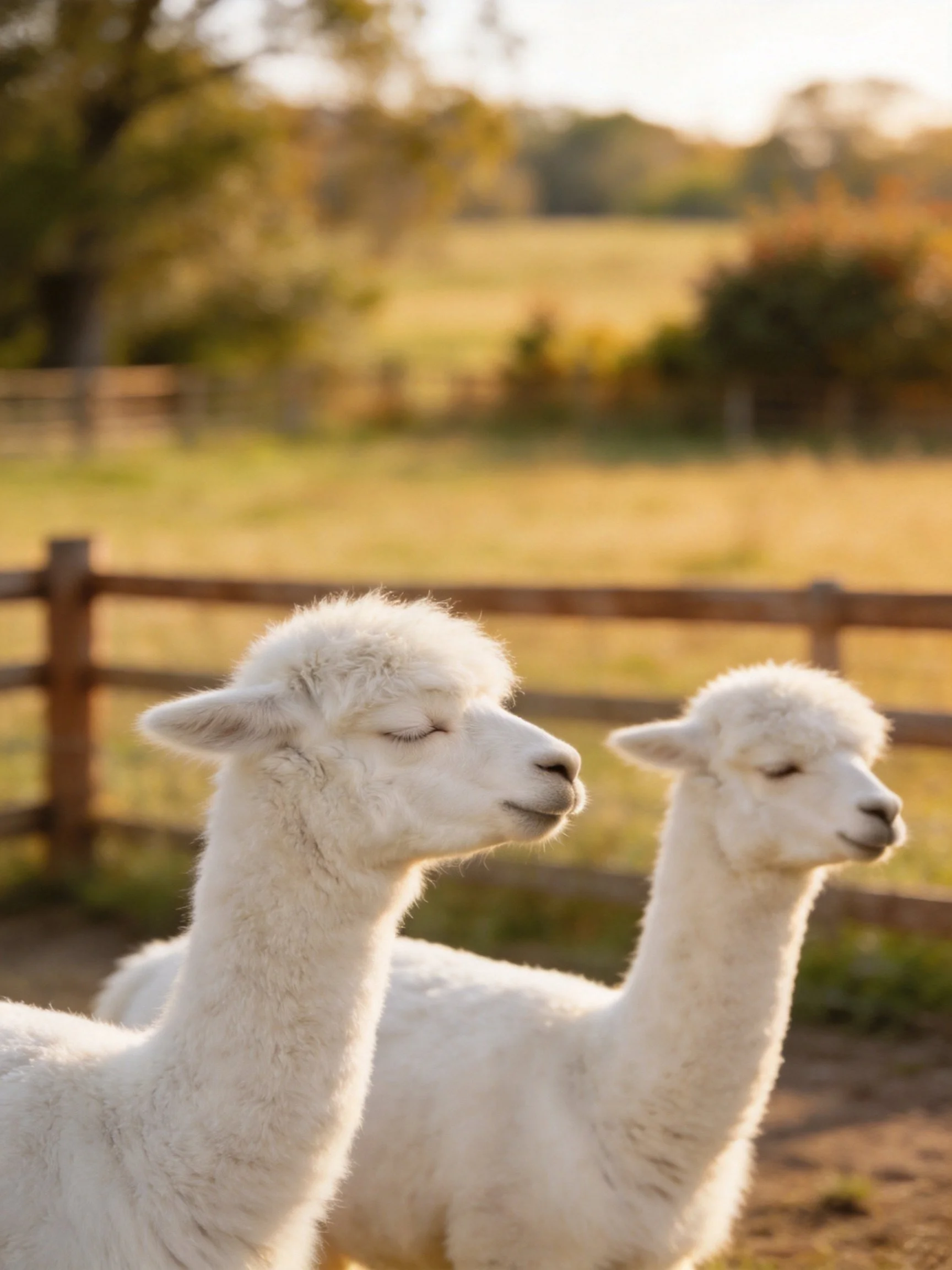 Two white alpacas stand near a wooden fence in a sunlit field.