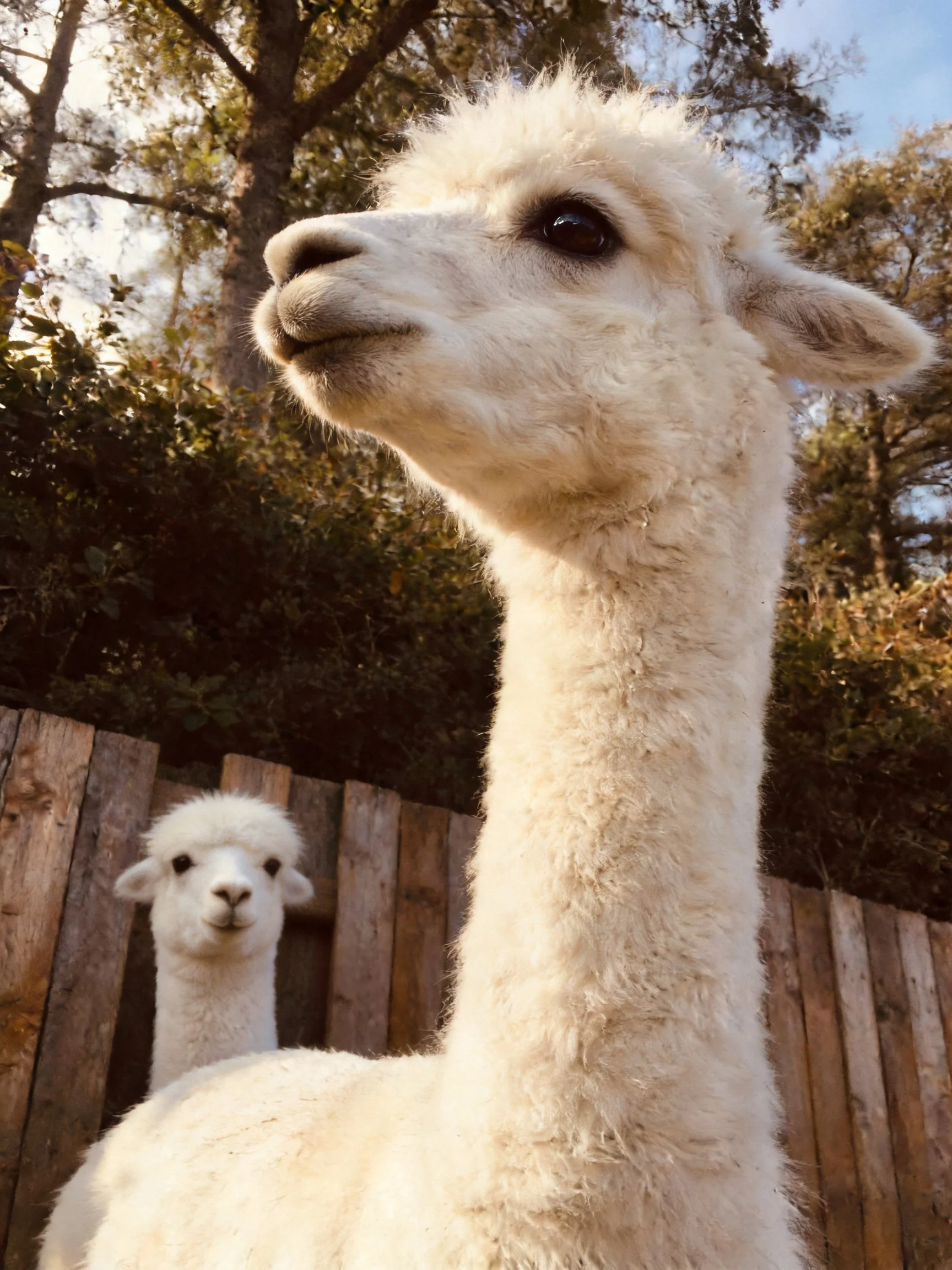 Two fluffy white alpacas near a wooden fence with trees