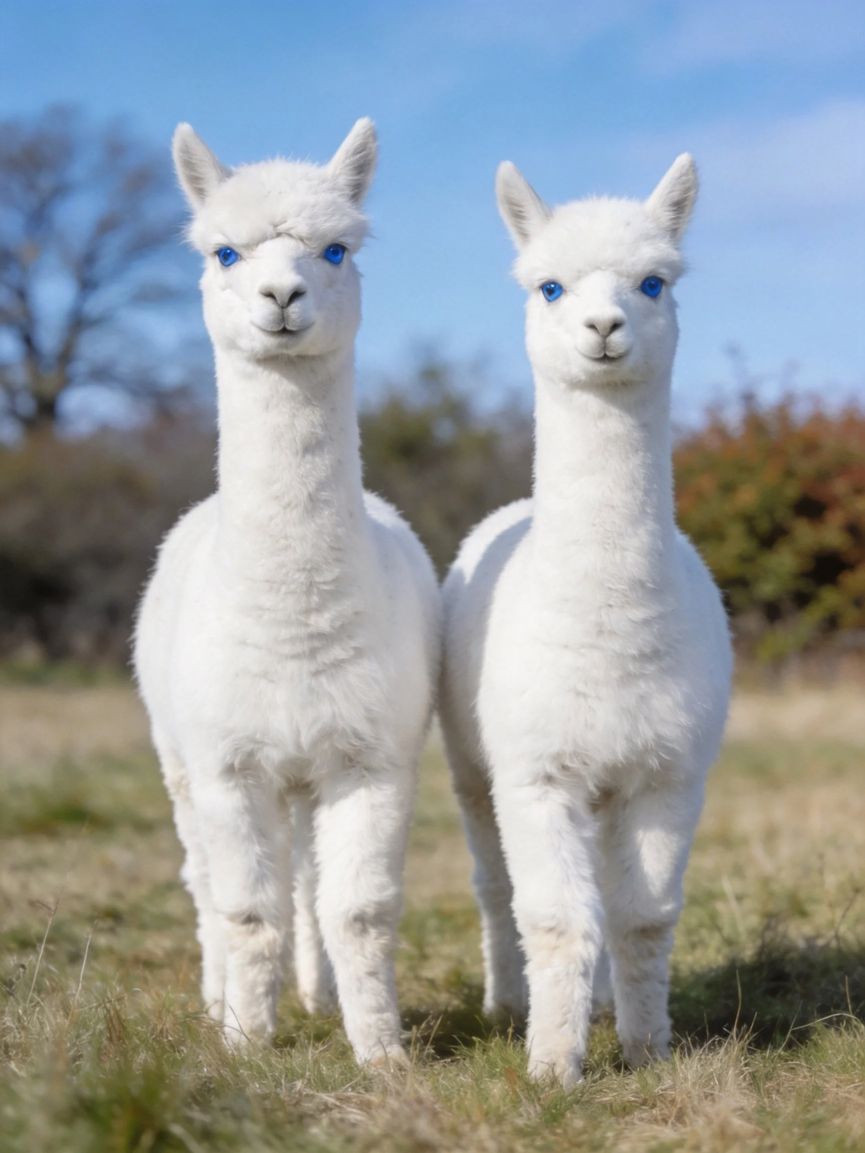 Two white alpacas with blue eyes stand together in an open grassy area.