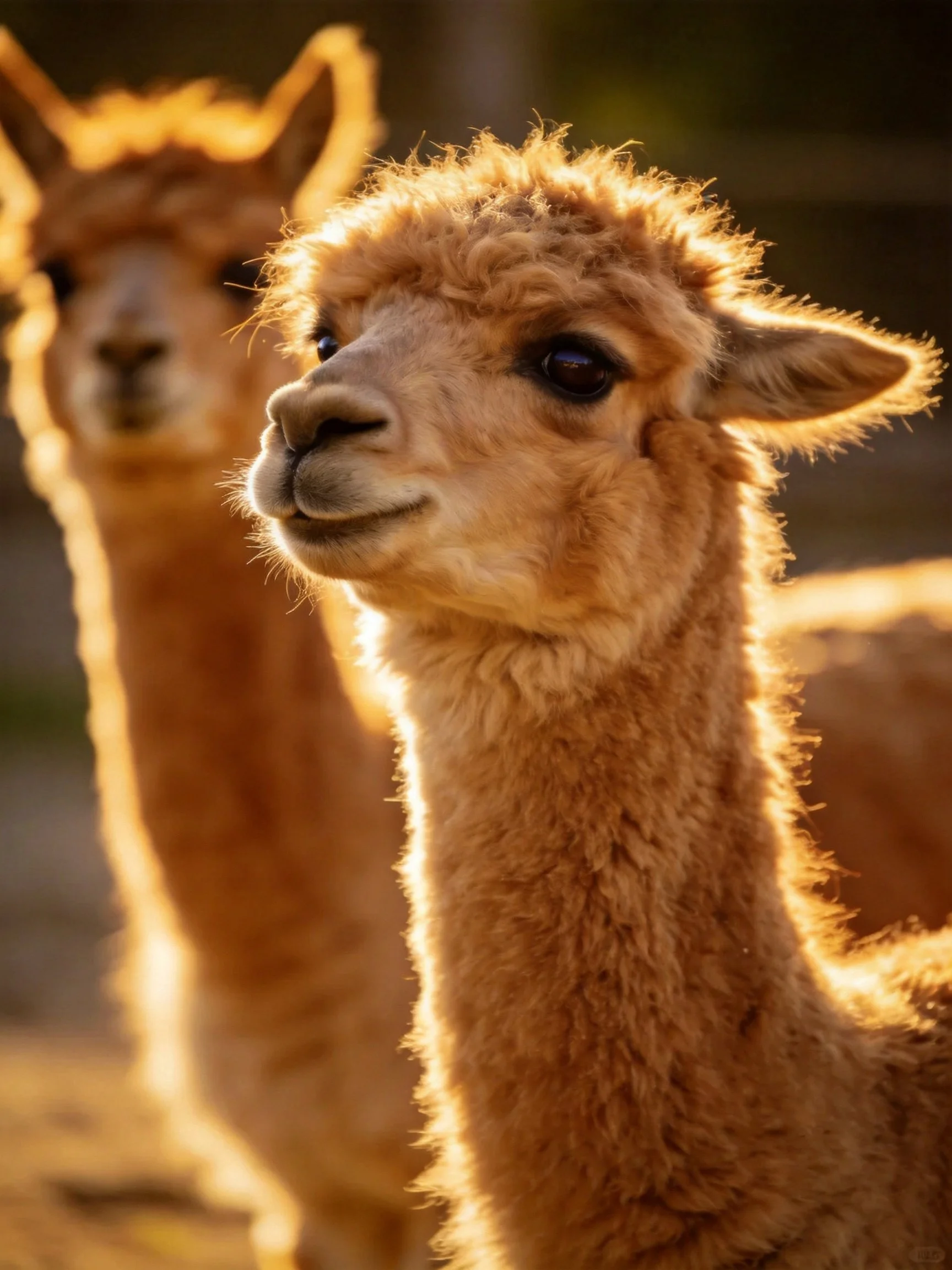 Two light-brown alpacas bathed in warm golden sunlight