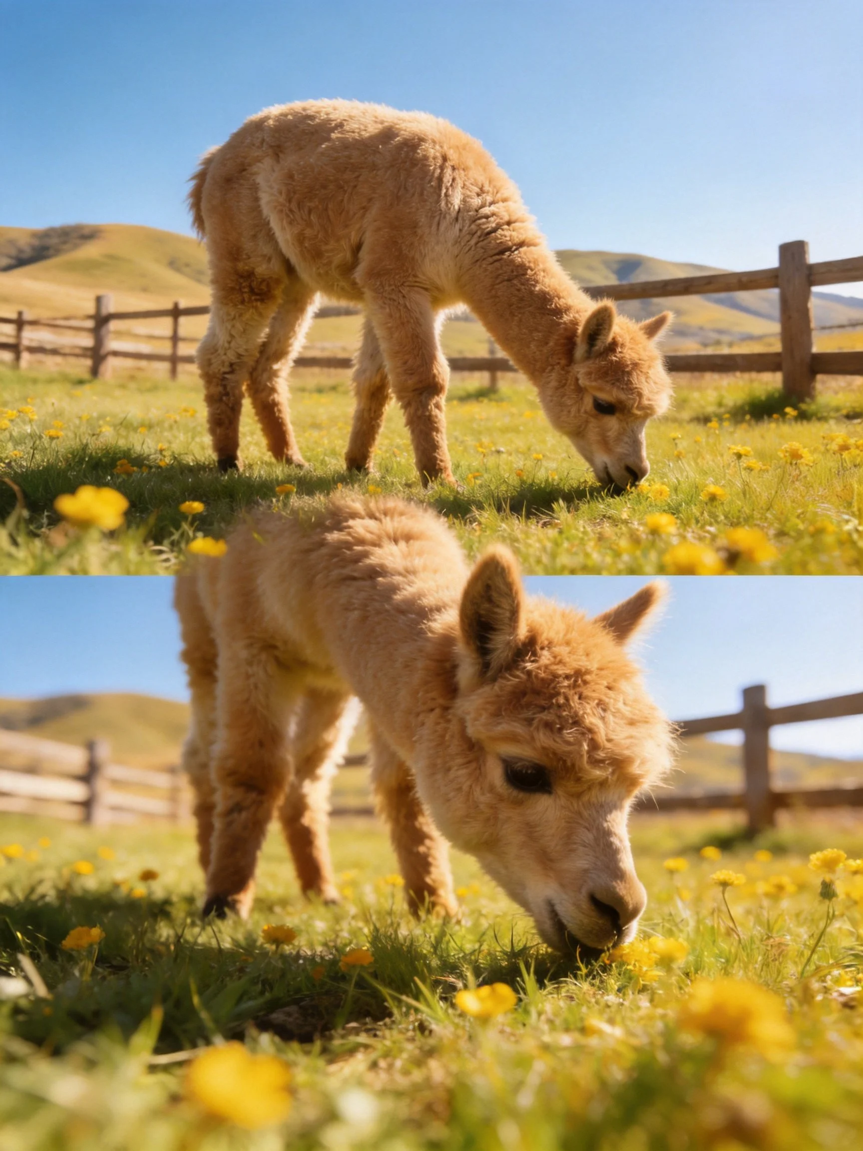 Two light brown alpacas graze amid yellow wildflowers by a wooden fence