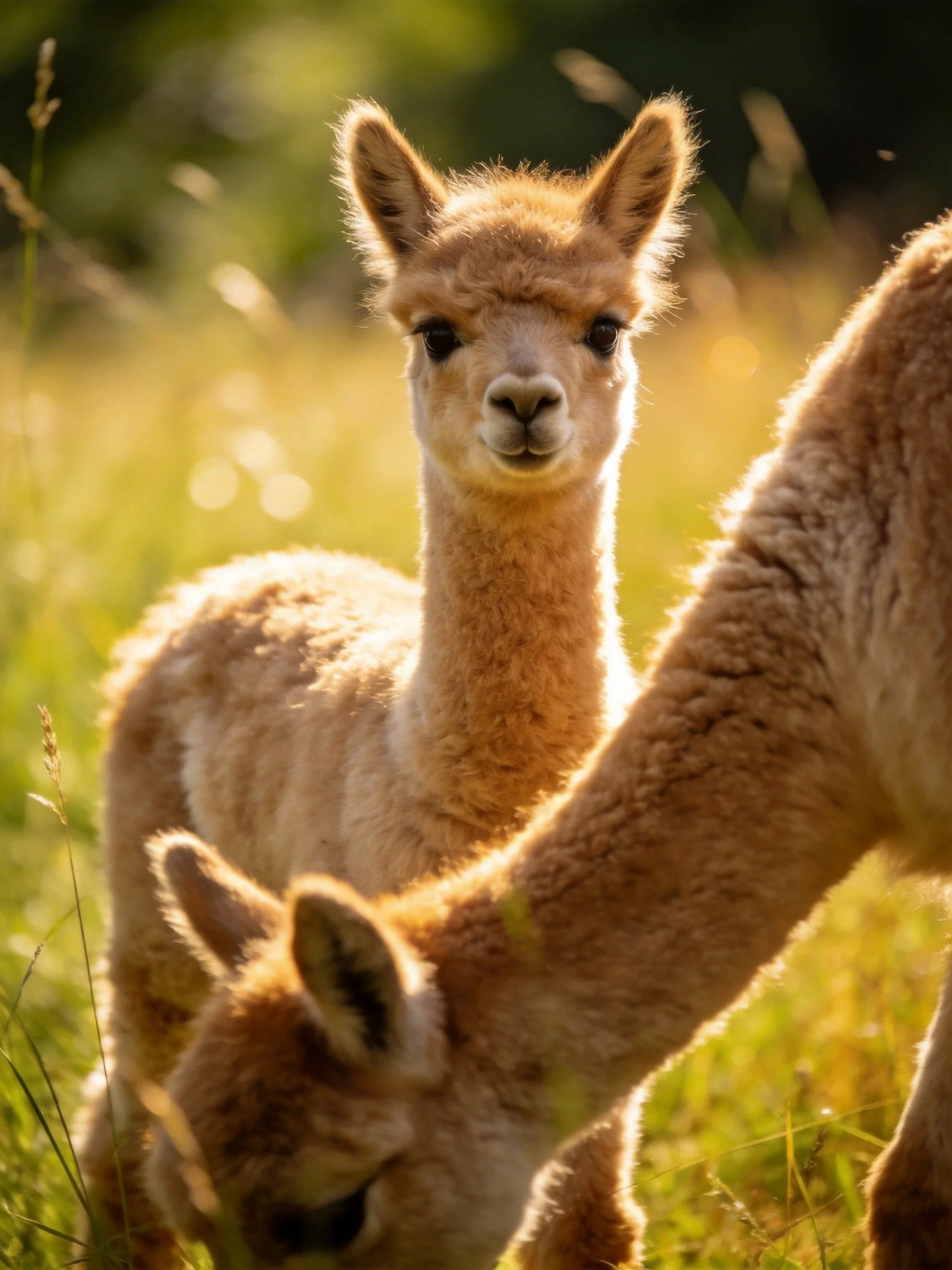 Two light brown baby alpacas in a sunlit grassy meadow