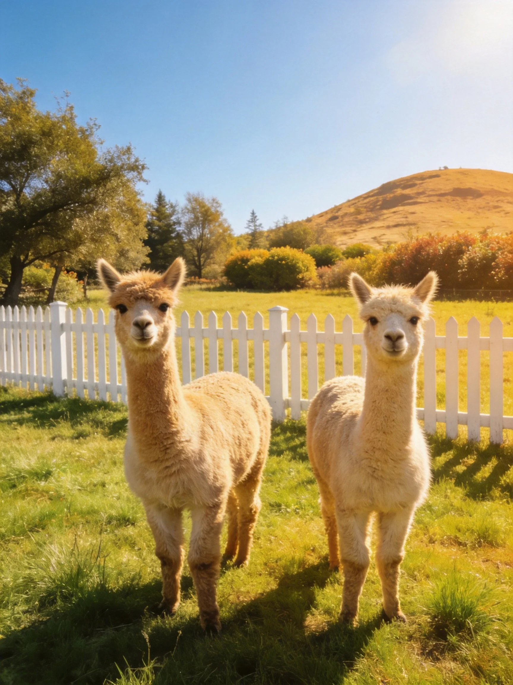 Two light-colored alpacas near a white picket fence in a sunny meadow