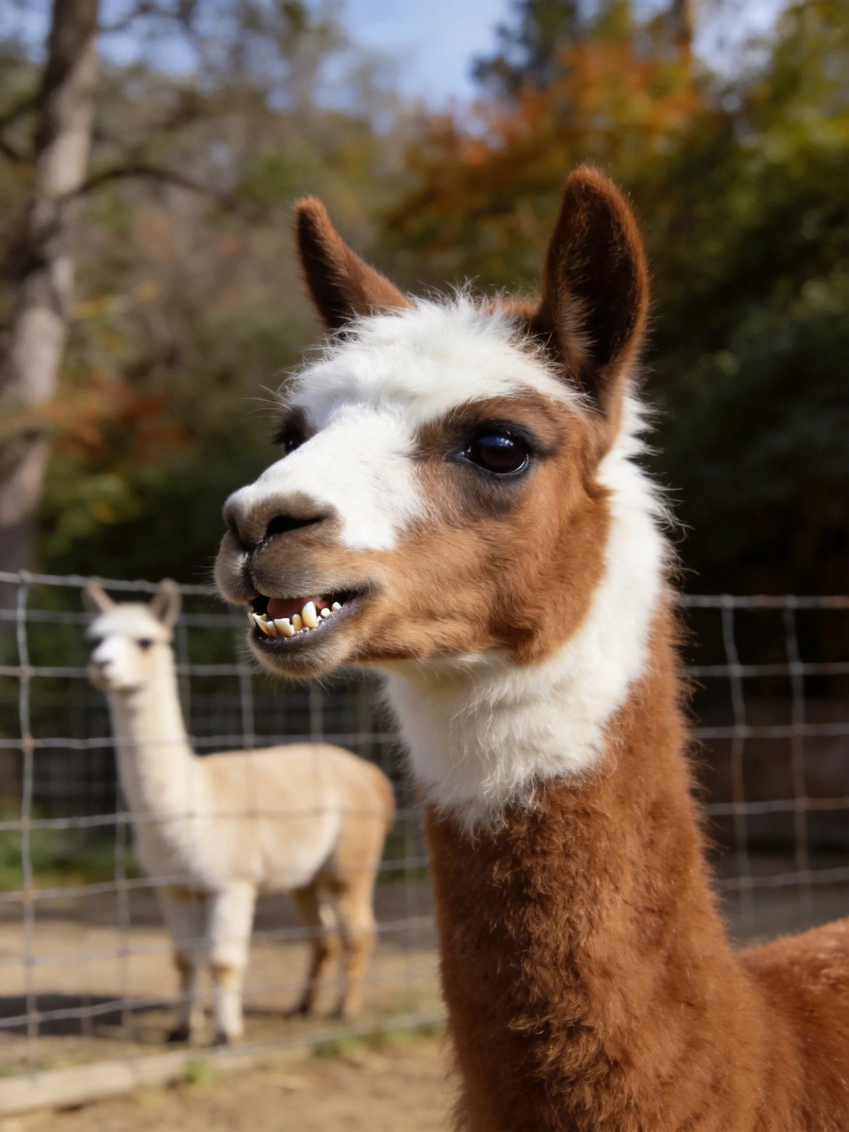 Two llamas near a wire fence with autumn foliage