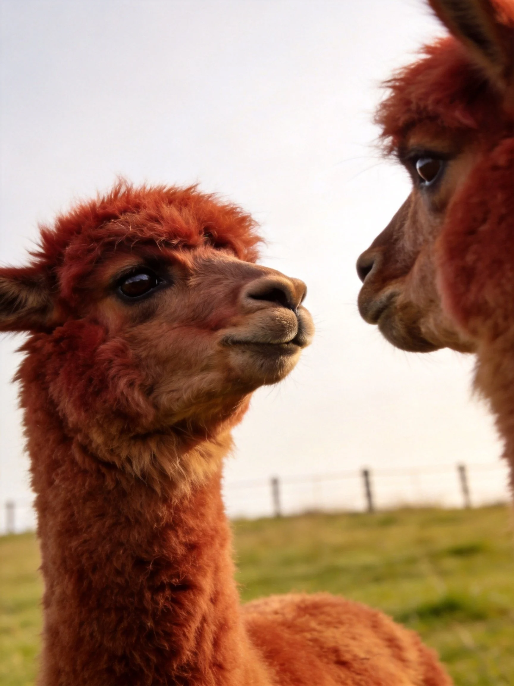 Two reddish-brown alpacas gaze at each other in a sunlit pasture