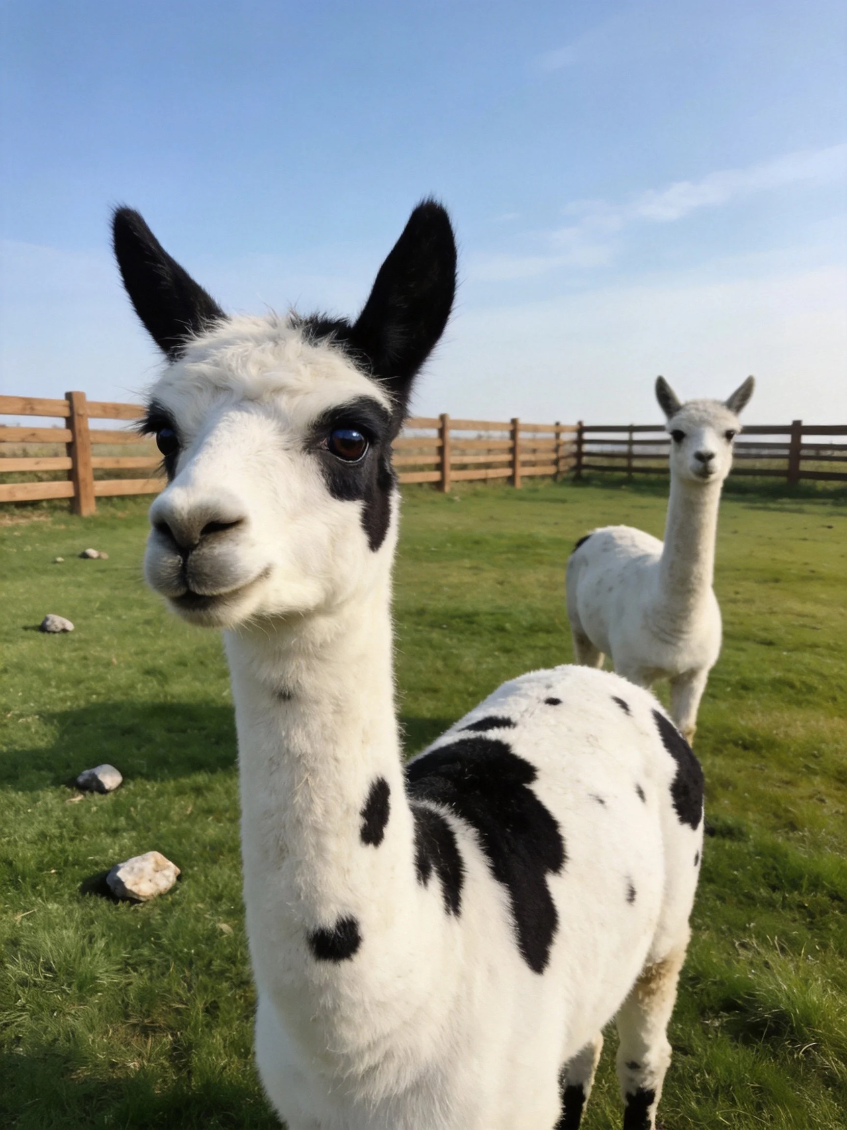 Two spotted alpacas in a green pasture with a wooden fence