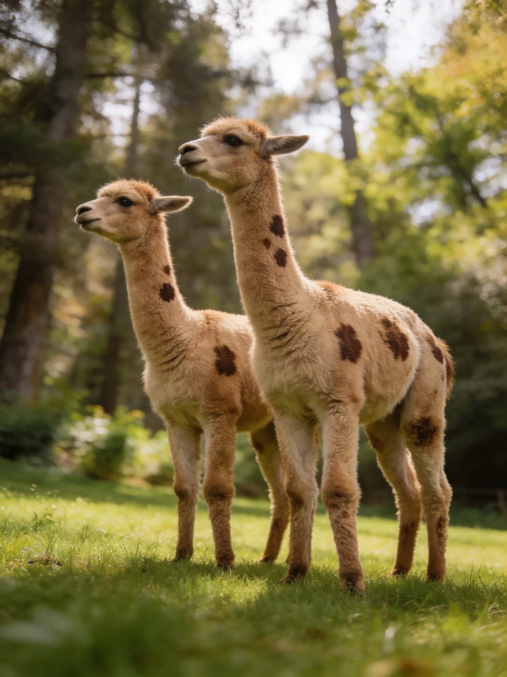 Two tan alpacas with dark brown spots stand on lush green grass