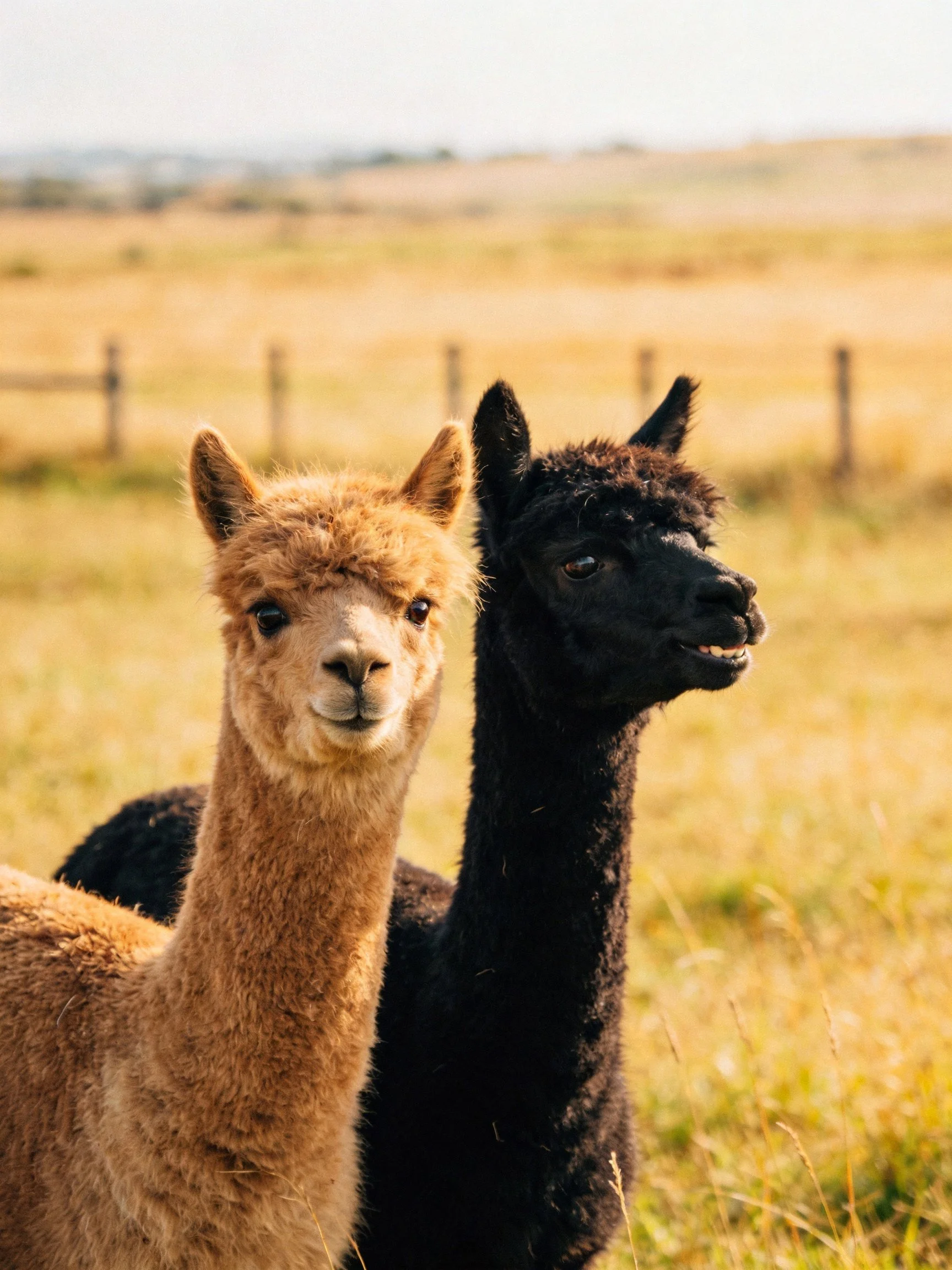 Two tan and black alpacas in a sunlit grassy field