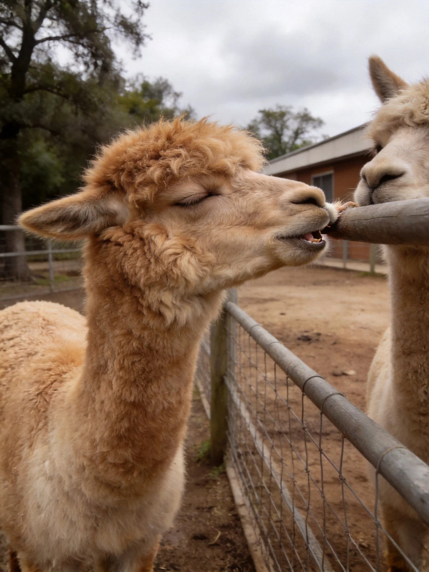 Two tan and light - beige alpacas interact by a metal fence in a farm setting.