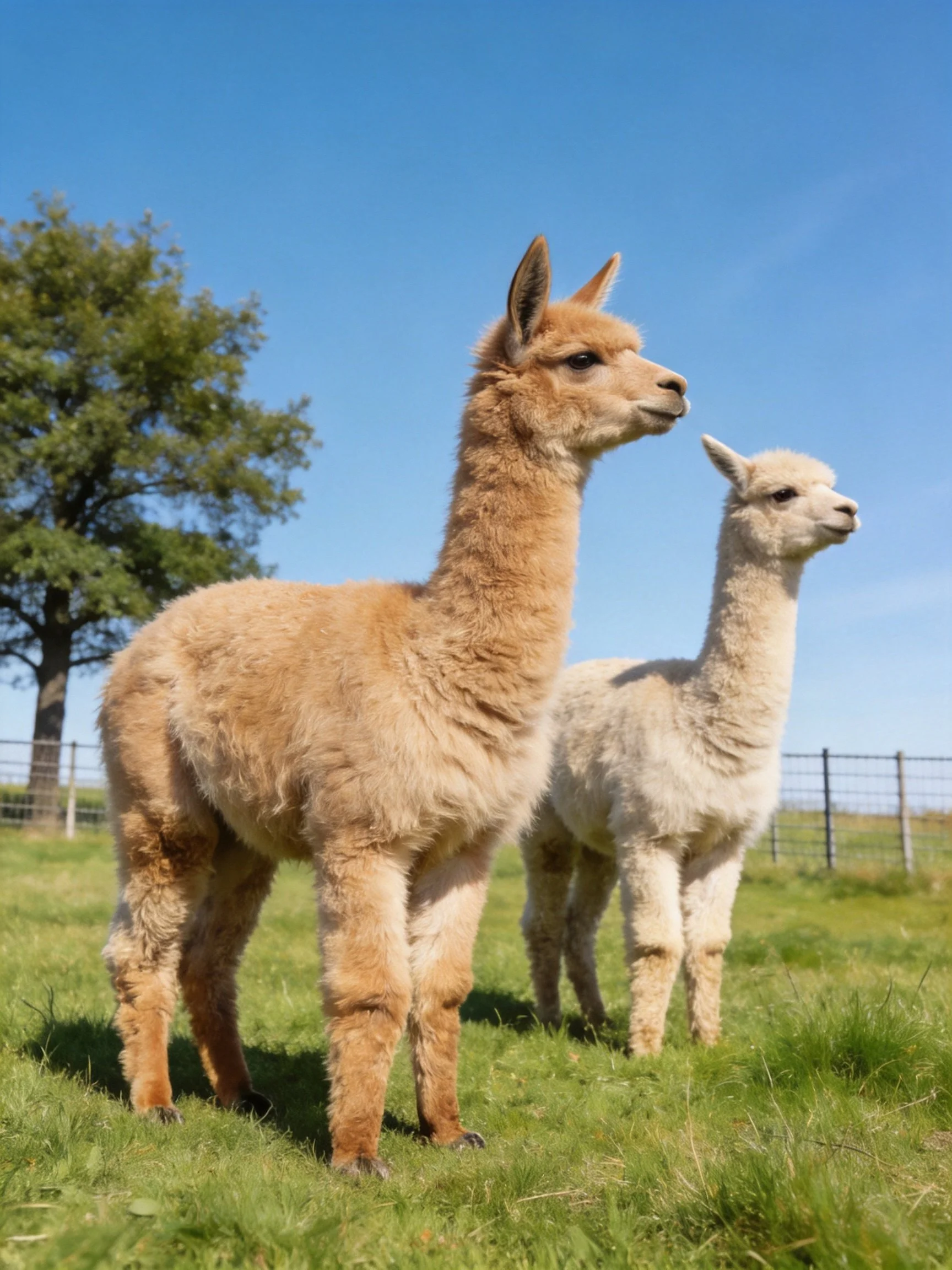 Two tan and white alpacas in a green pasture