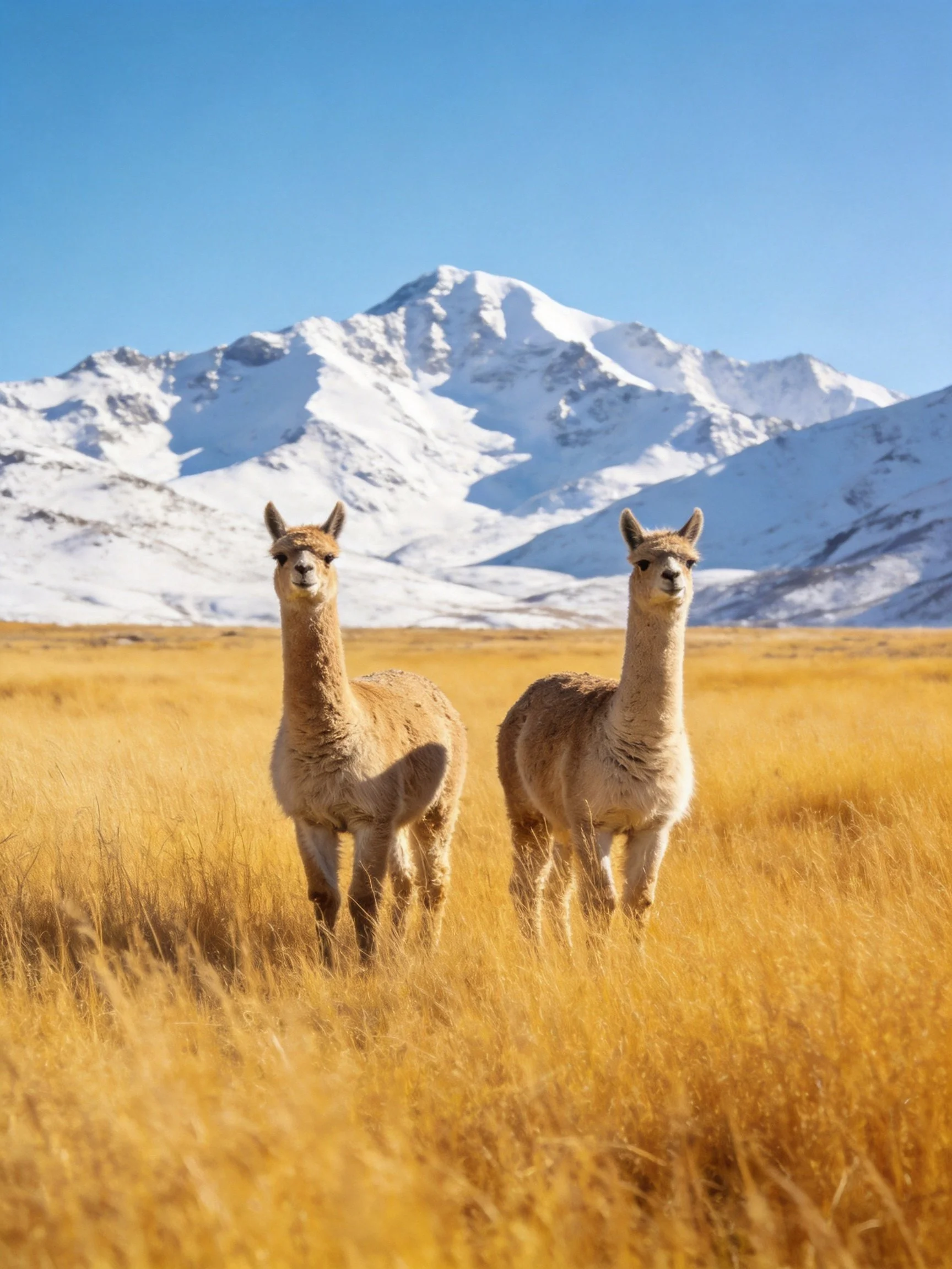 Two tan llamas stand in a golden field with snow - capped mountains