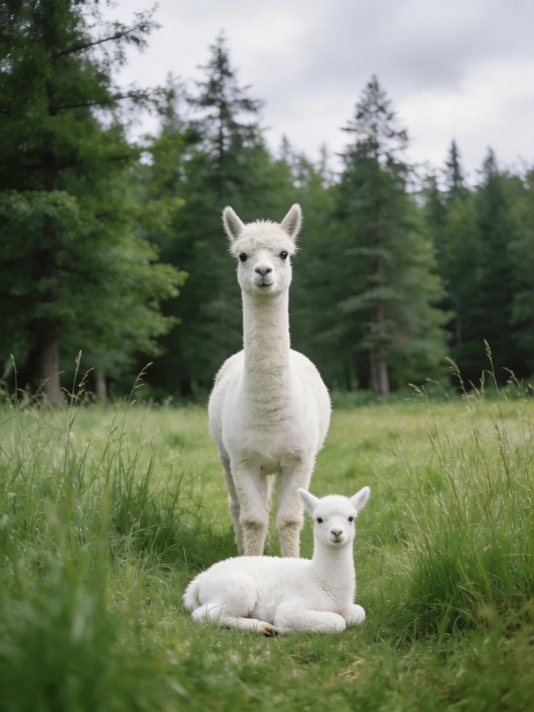Two white alpacas in a lush green meadow with tall trees