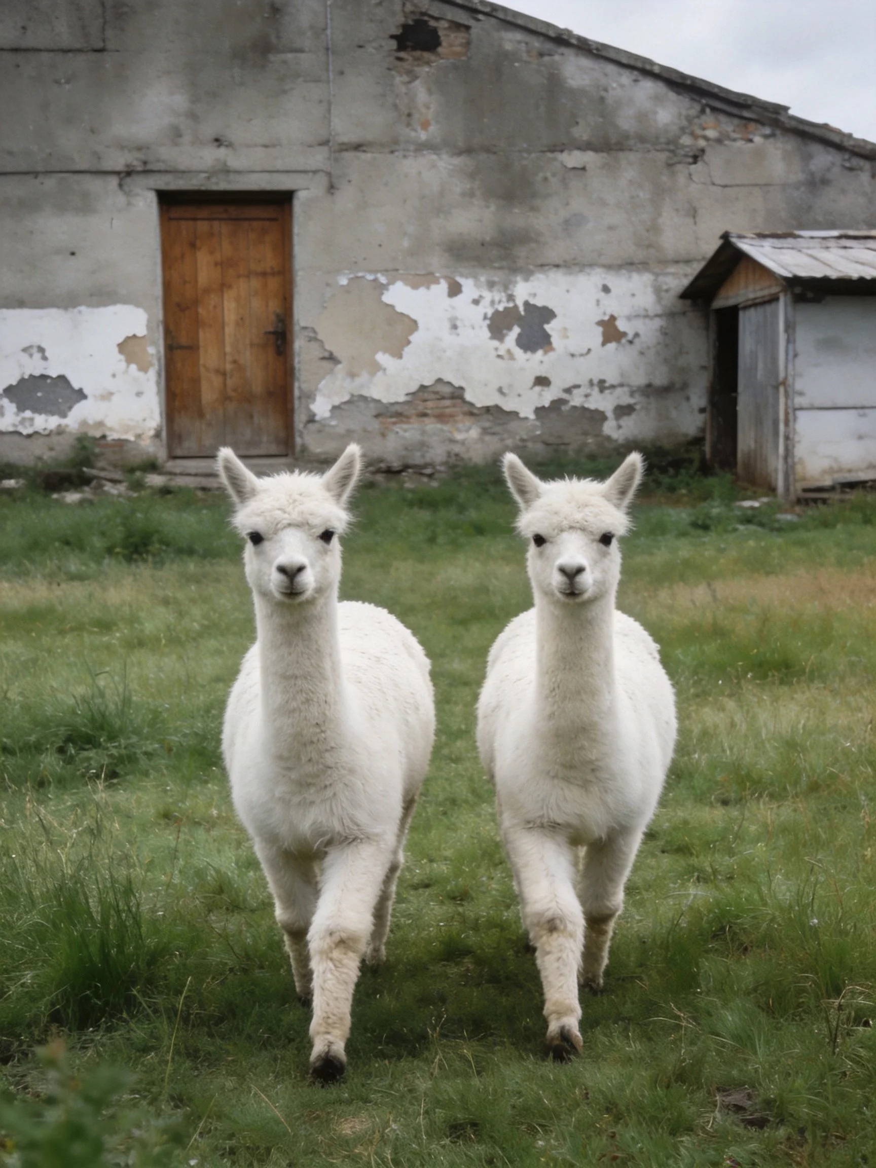 Two white alpacas walk near an aged gray barn with peeling paint