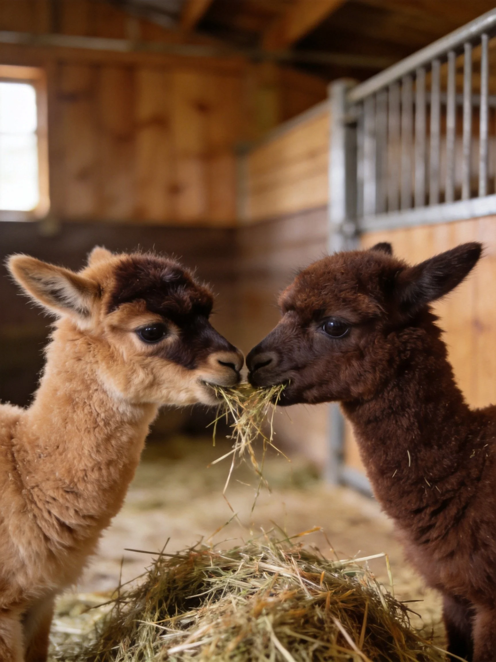 Two young alpacas, one tan and one dark brown, share hay in a wooden stable
