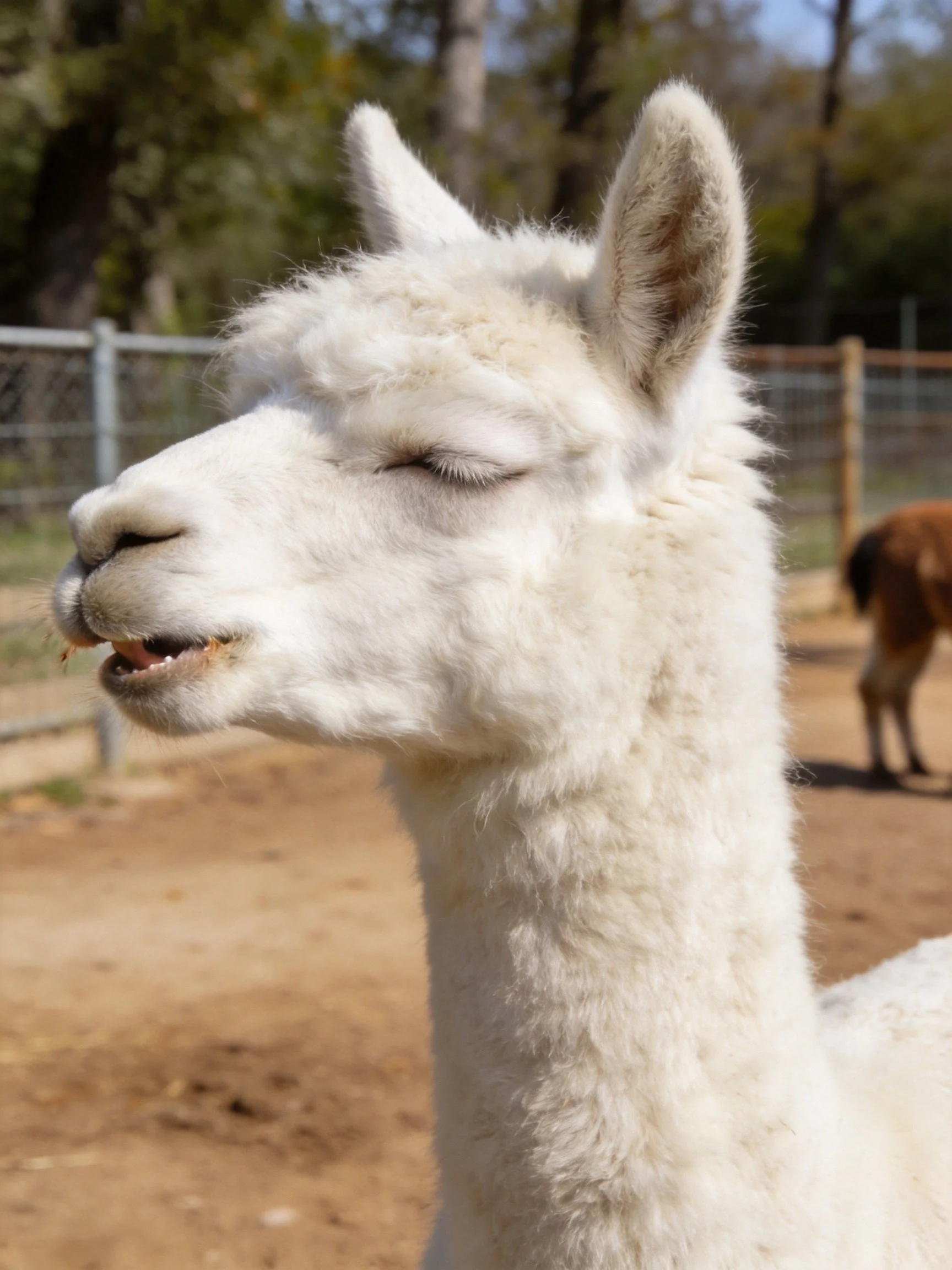 White alpaca resting in an outdoor fenced area