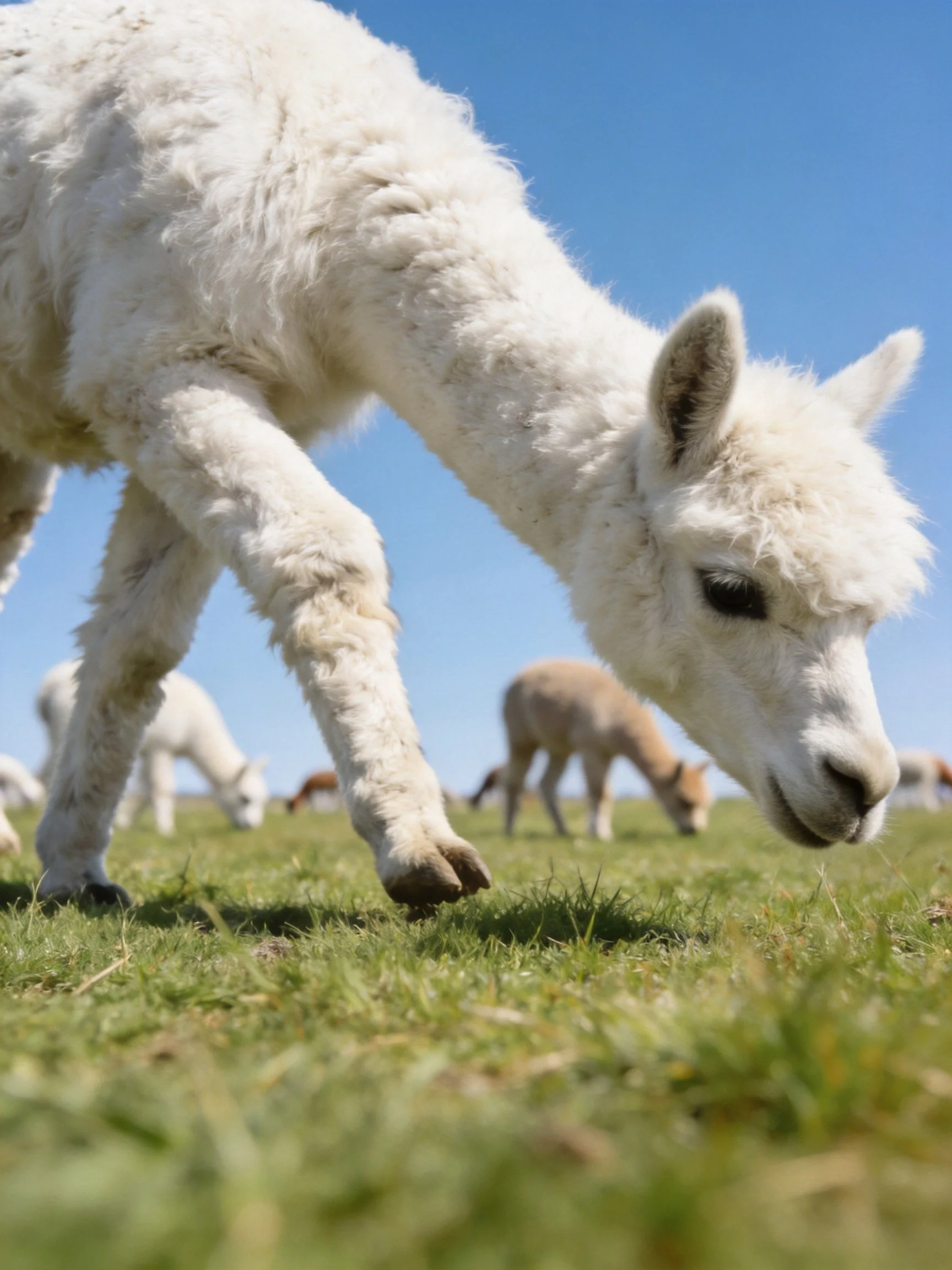 White baby alpaca grazing near others on green pasture under clear blue sky