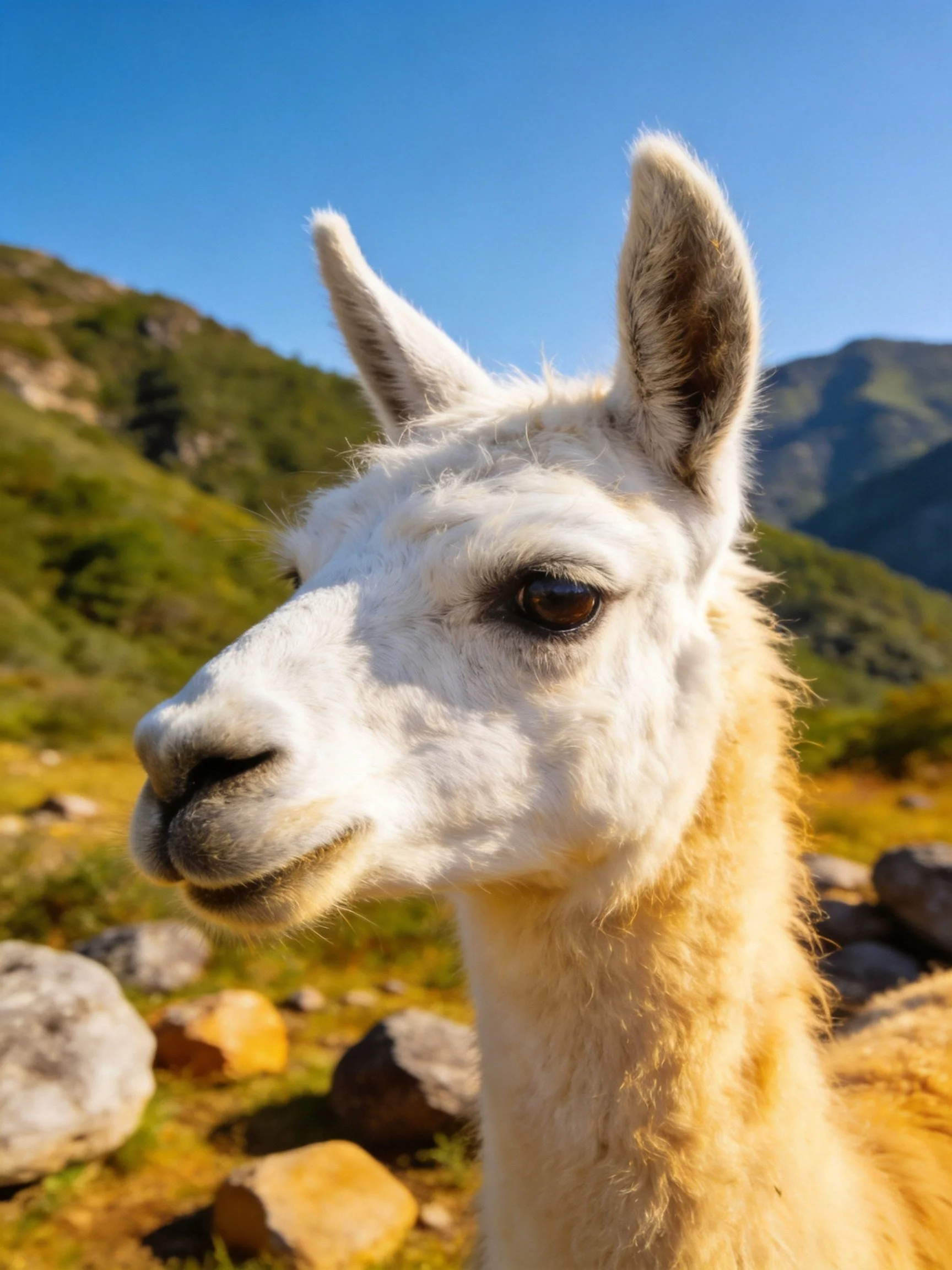 White llama close - up near rocky terrain and green mountains