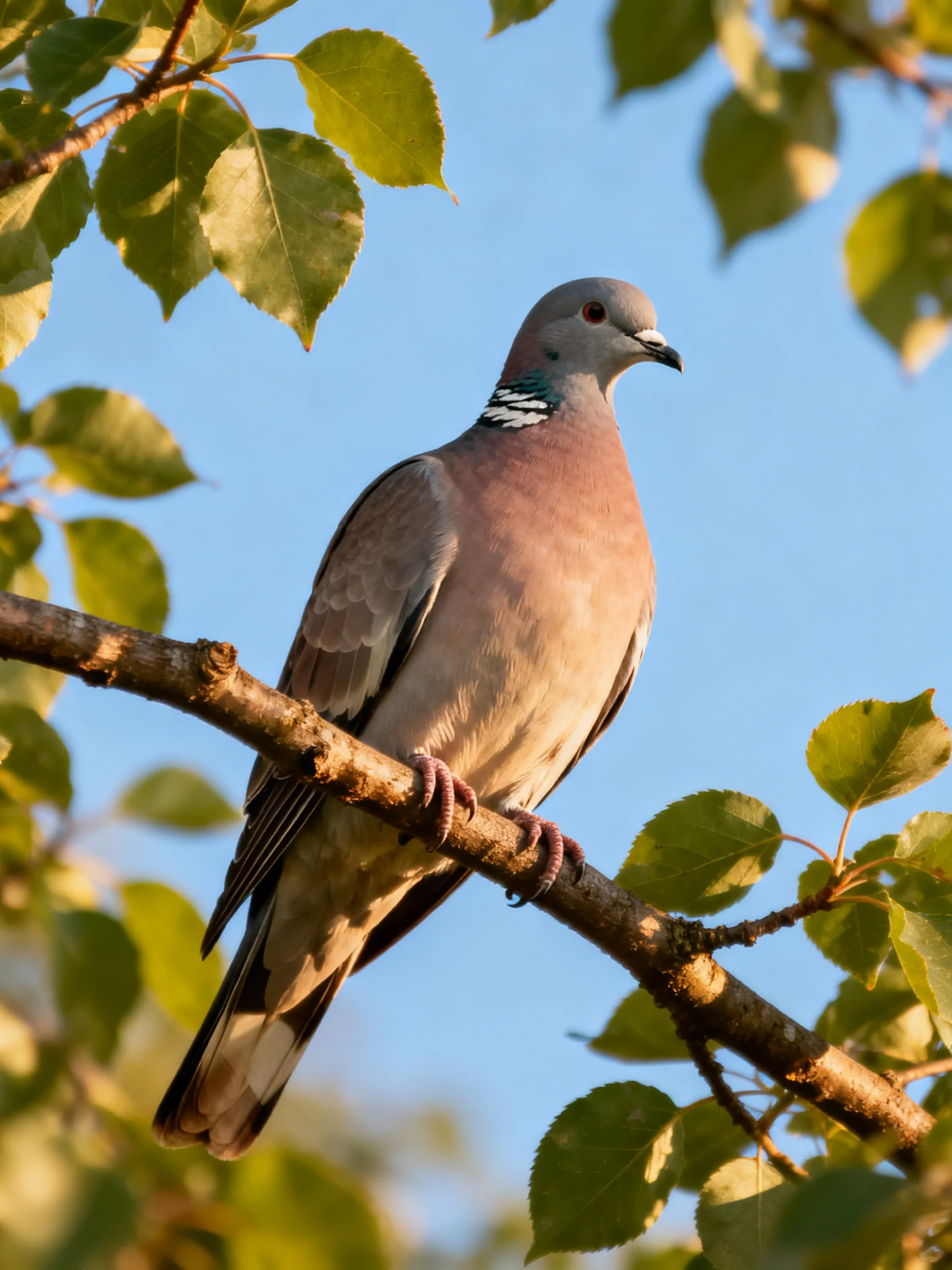 A: gray-headed pigeon perched on a tree branch with green foliage