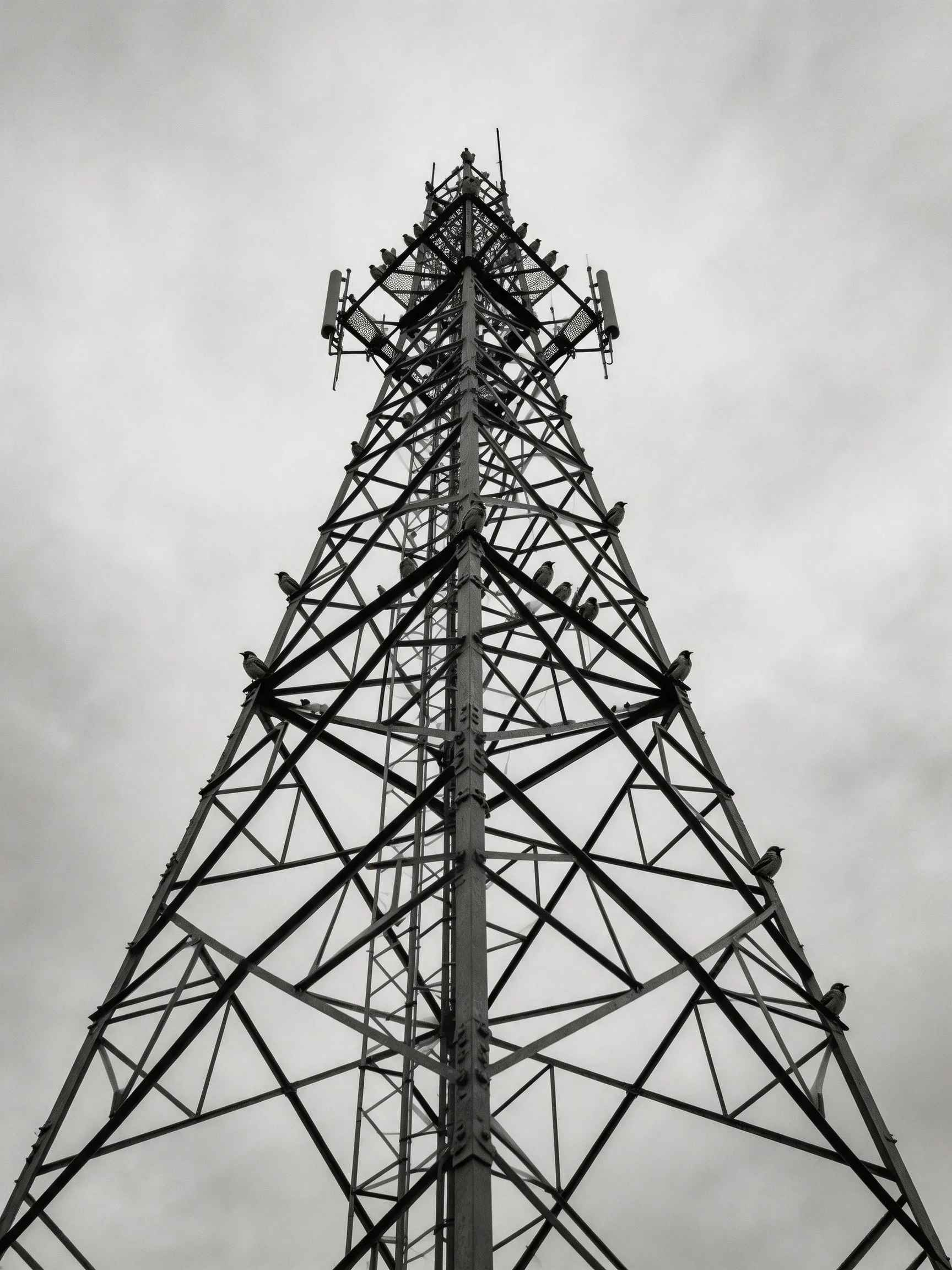 A black and white image of a tall communication tower with birds on its structure.